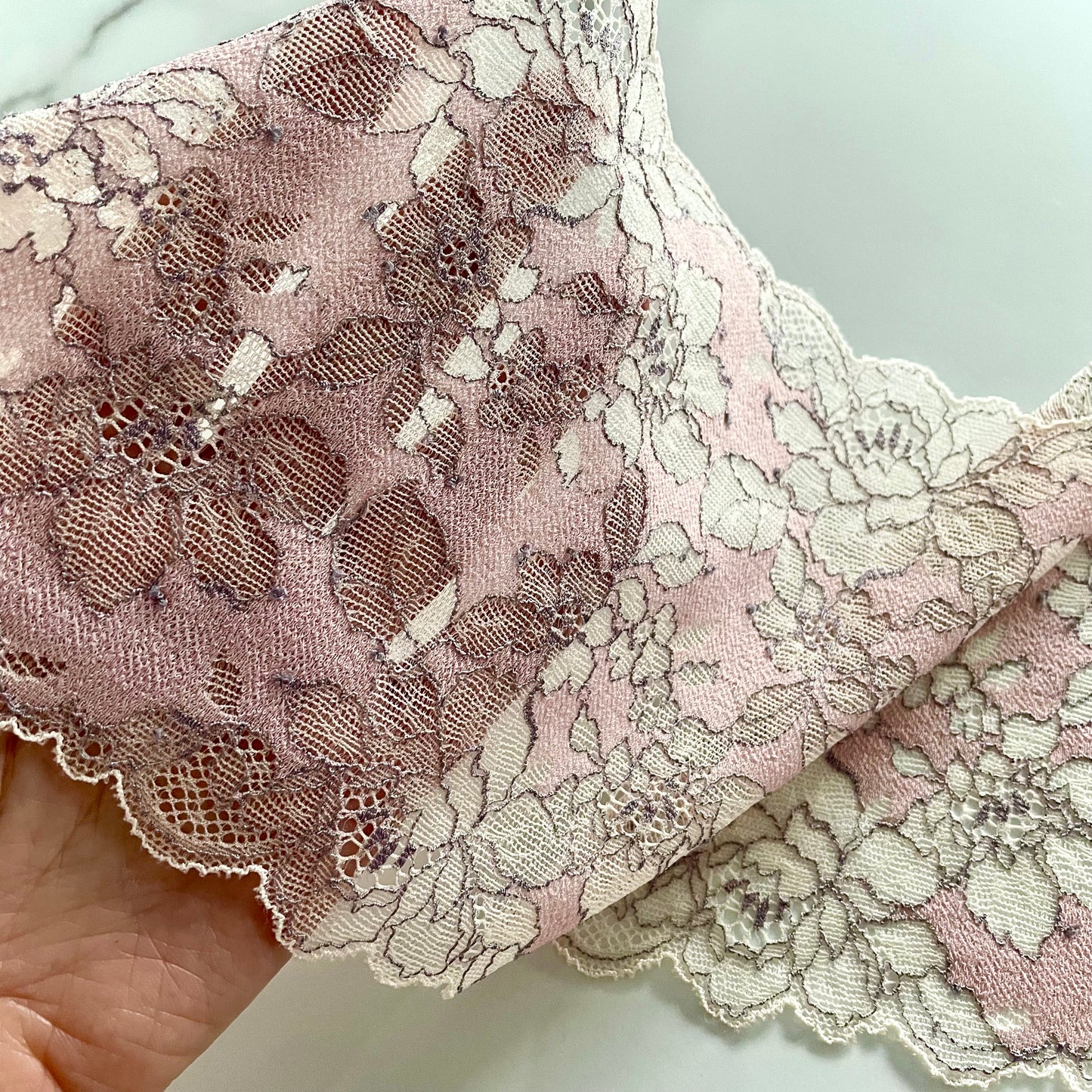 Stretch Lace Galloon | 15.5cm Wide | Shell Pink & Grey | Price per metre