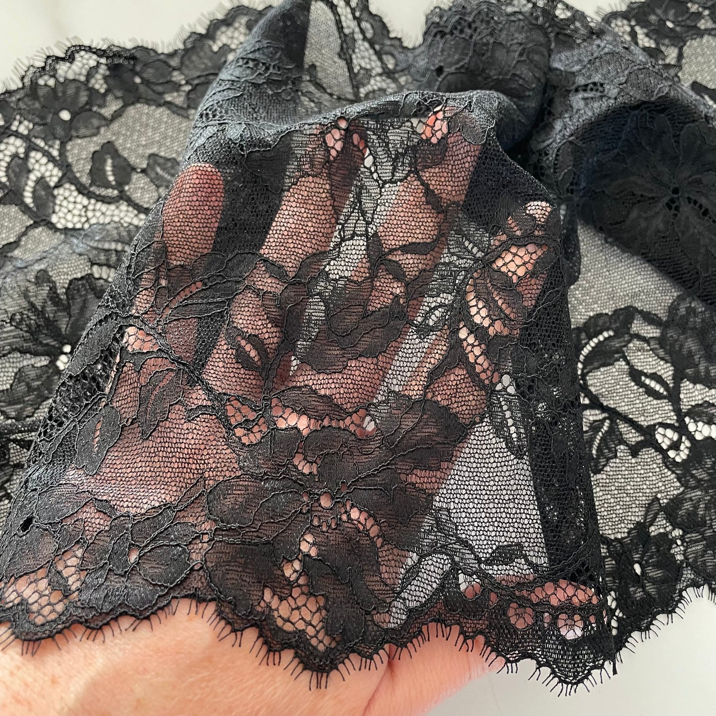 Obsidian Bloom Stretch Lace | 22cm Wide | Price per metre