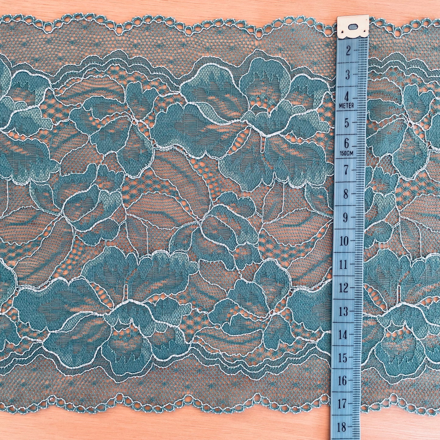 Bluewater Teal Stretch Lace | 17cm Wide | Price per metre