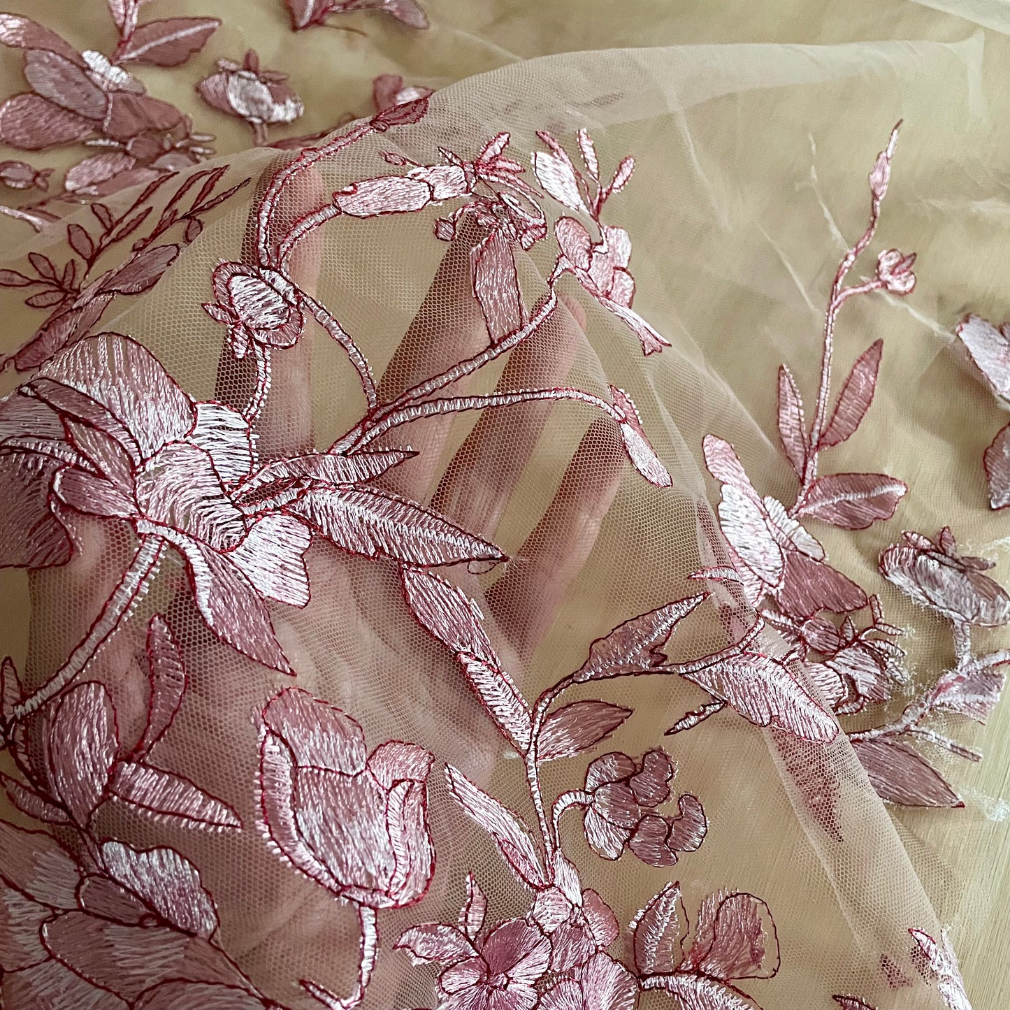 Pink Floral Embroidered Tulle Fabric – Perfect for Lingerie & Bridal | Price per half metre