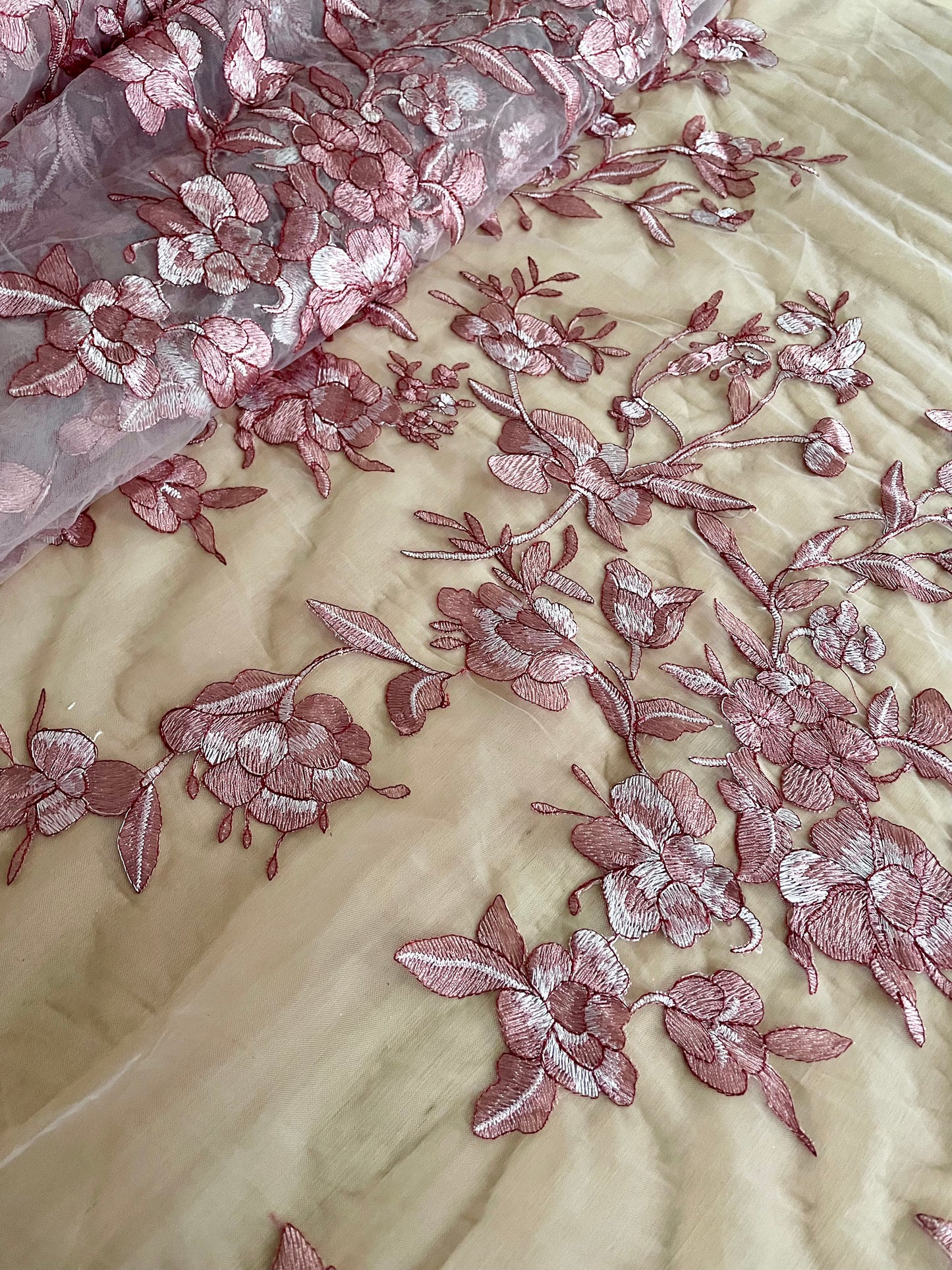 Pink Floral Embroidered Tulle Fabric – Perfect for Lingerie & Bridal | Price per half metre