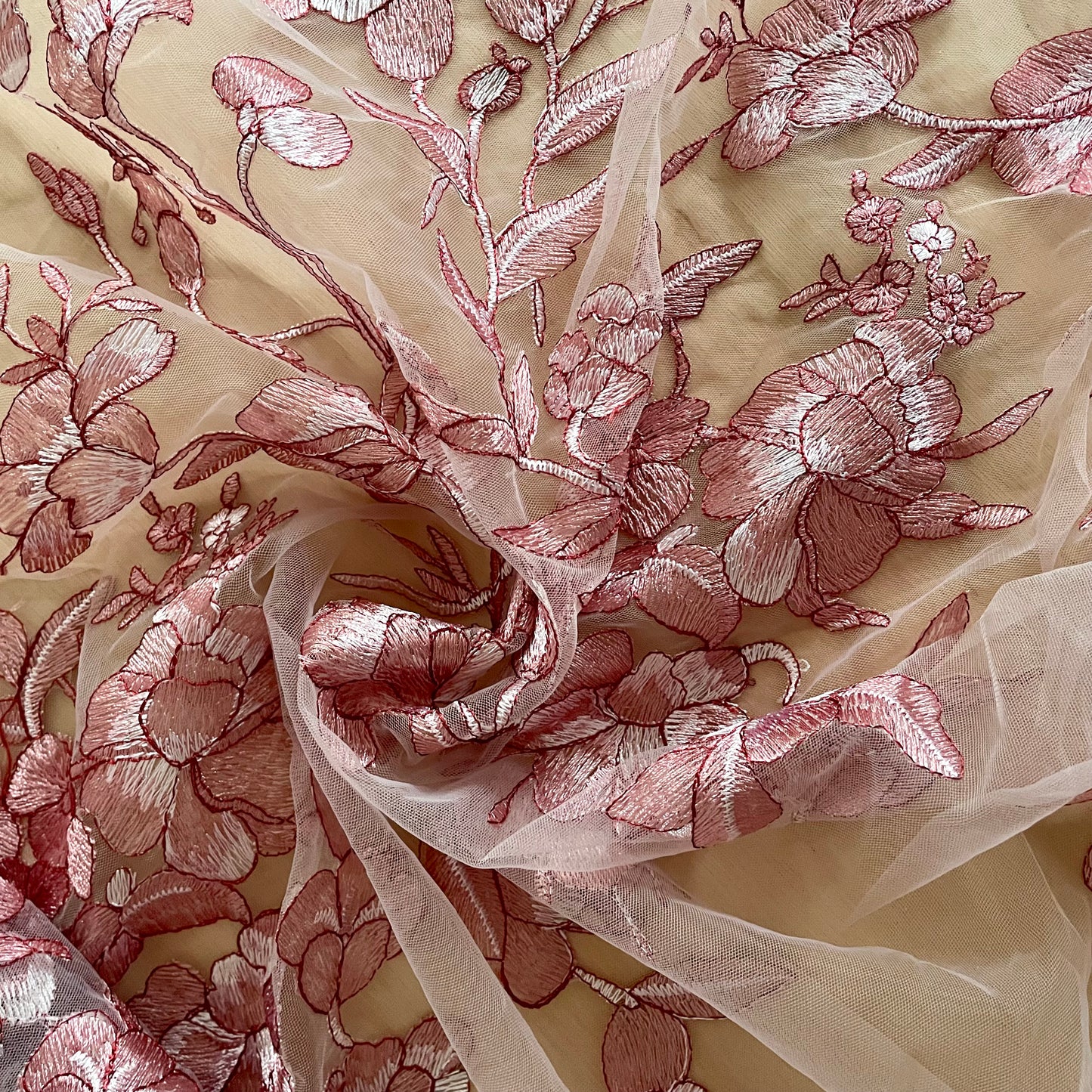 Pink Floral Embroidered Tulle Fabric – Perfect for Lingerie & Bridal | Price per half metre