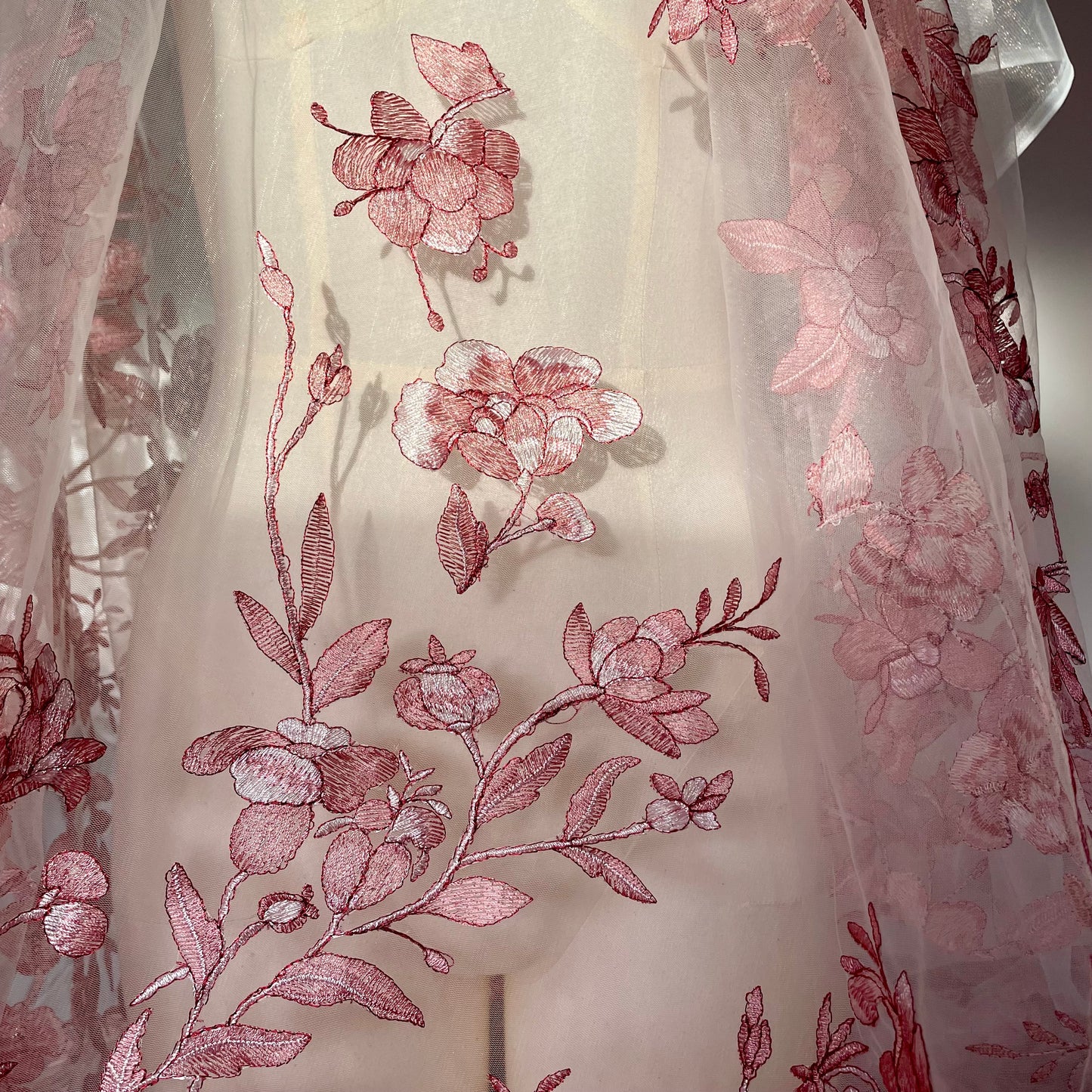 Pink Floral Embroidered Tulle Fabric – Perfect for Lingerie & Bridal | Price per half metre