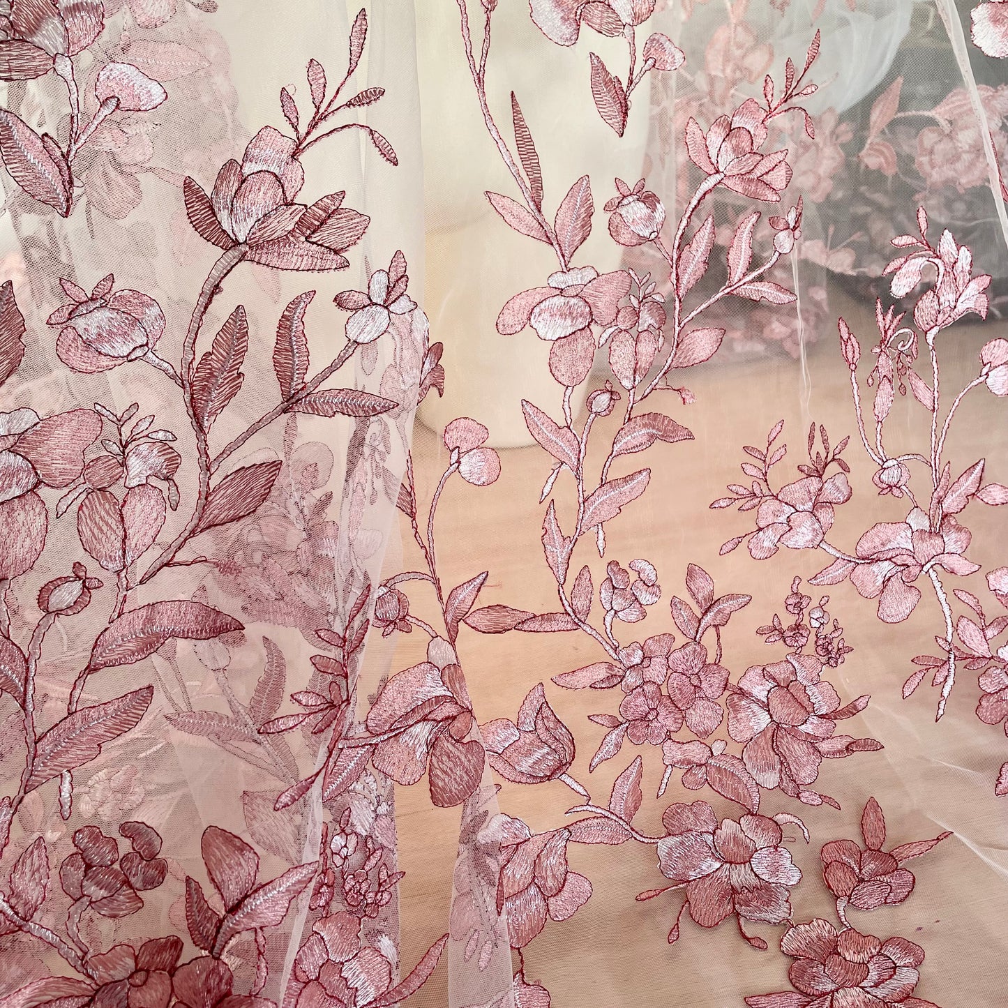 Pink Floral Embroidered Tulle Fabric – Perfect for Lingerie & Bridal | Price per half metre