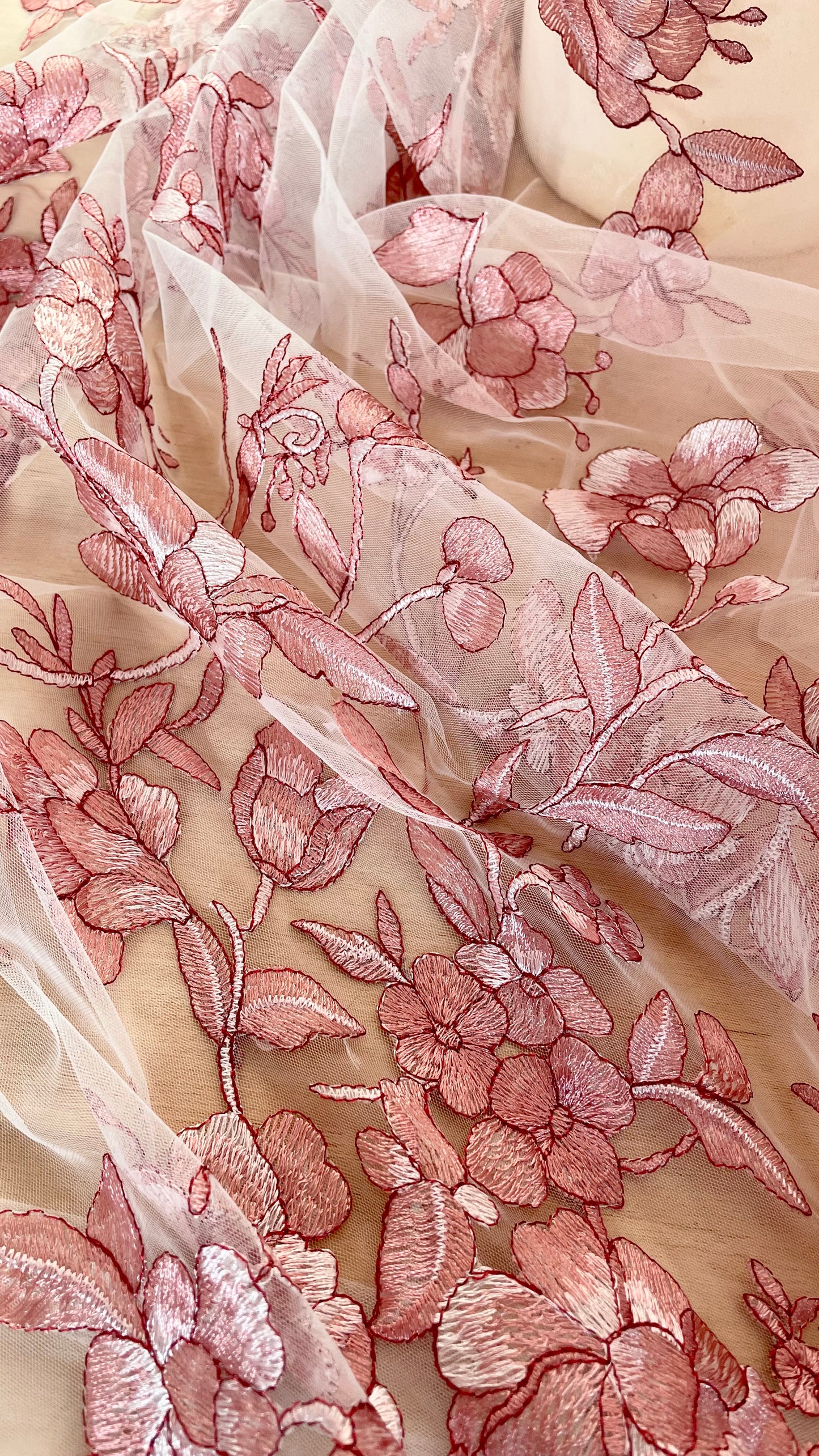 Pink Floral Embroidered Tulle Fabric – Perfect for Lingerie & Bridal | Price per half metre
