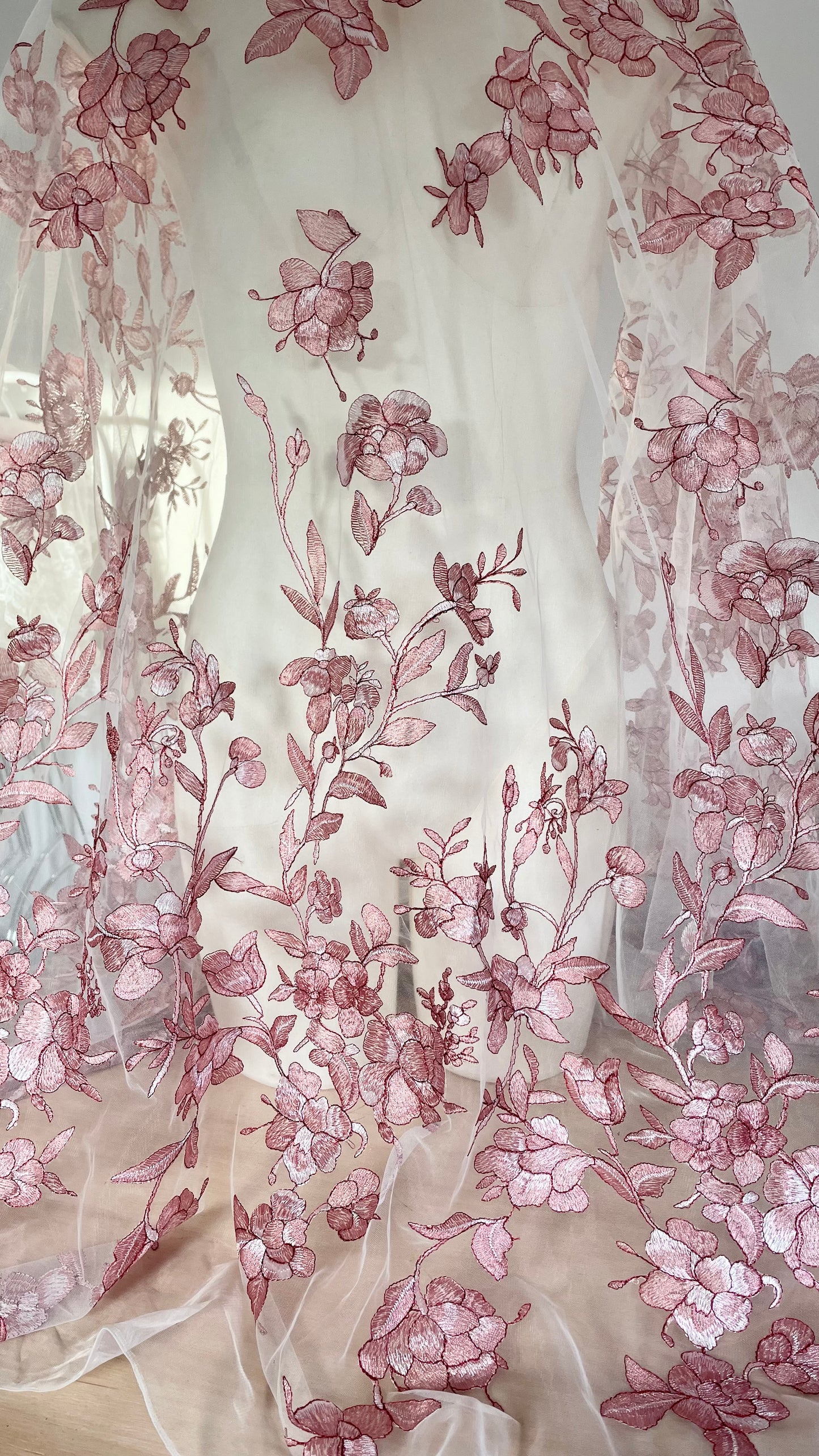 Pink Floral Embroidered Tulle Fabric – Perfect for Lingerie & Bridal | Price per half metre