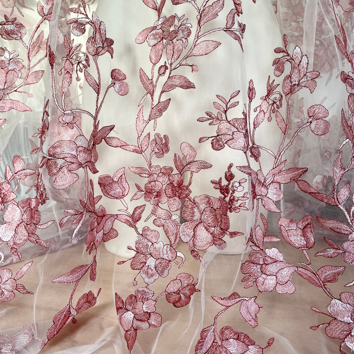 Pink Floral Embroidered Tulle Fabric – Perfect for Lingerie & Bridal | Price per half metre