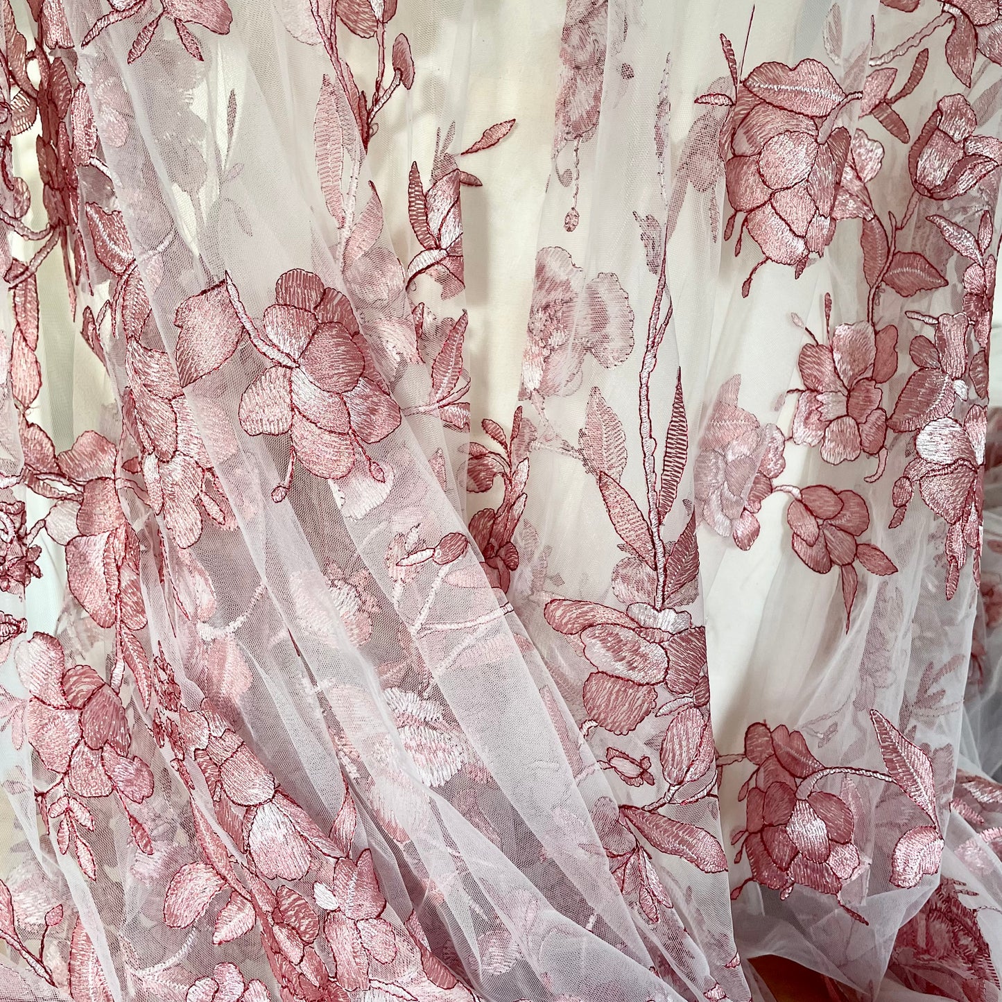 Pink Floral Embroidered Tulle Fabric – Perfect for Lingerie & Bridal | Price per half metre