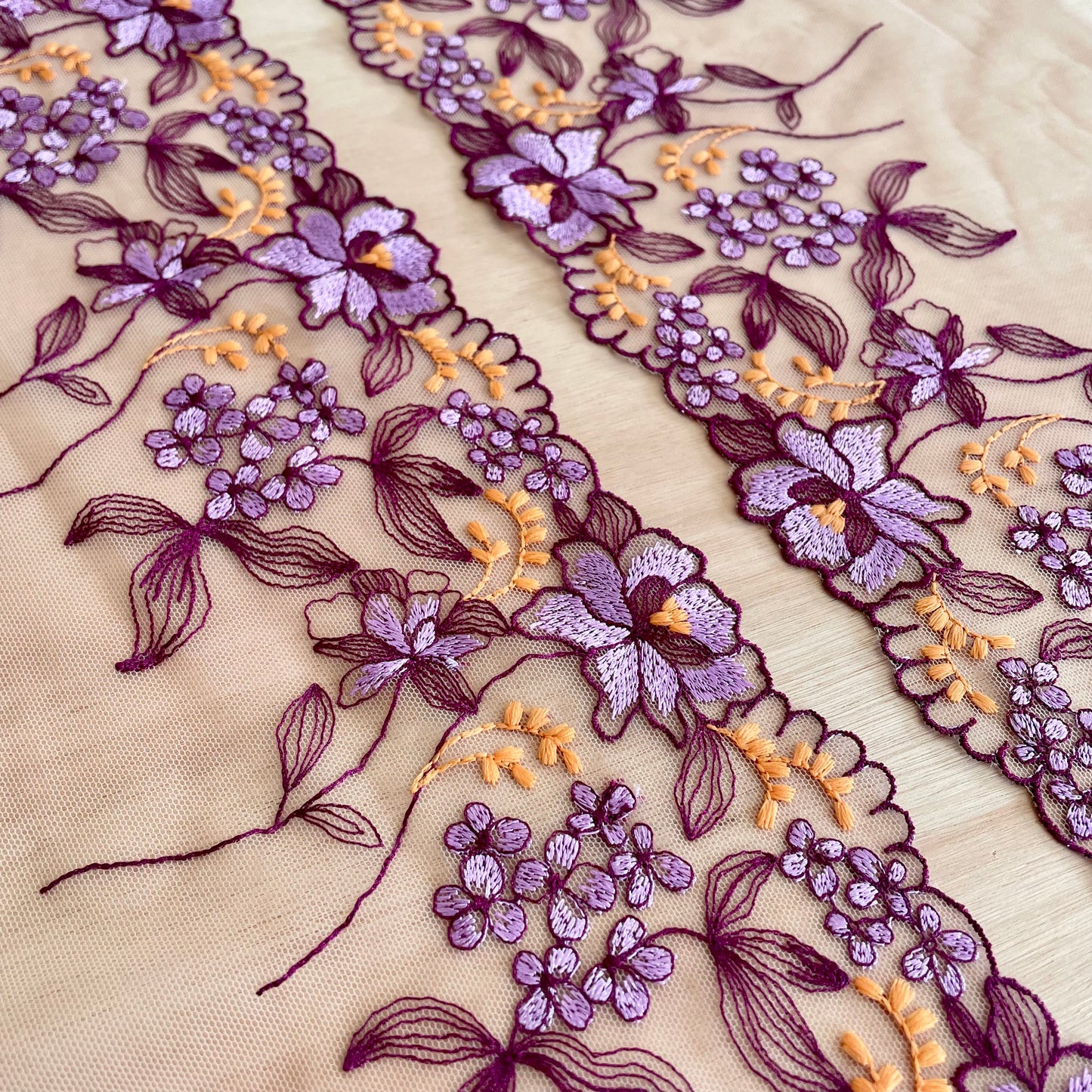 Embroidered Tulle | 18.5cm Wide | Purple Orange | Price per m (as a mirrored pair)