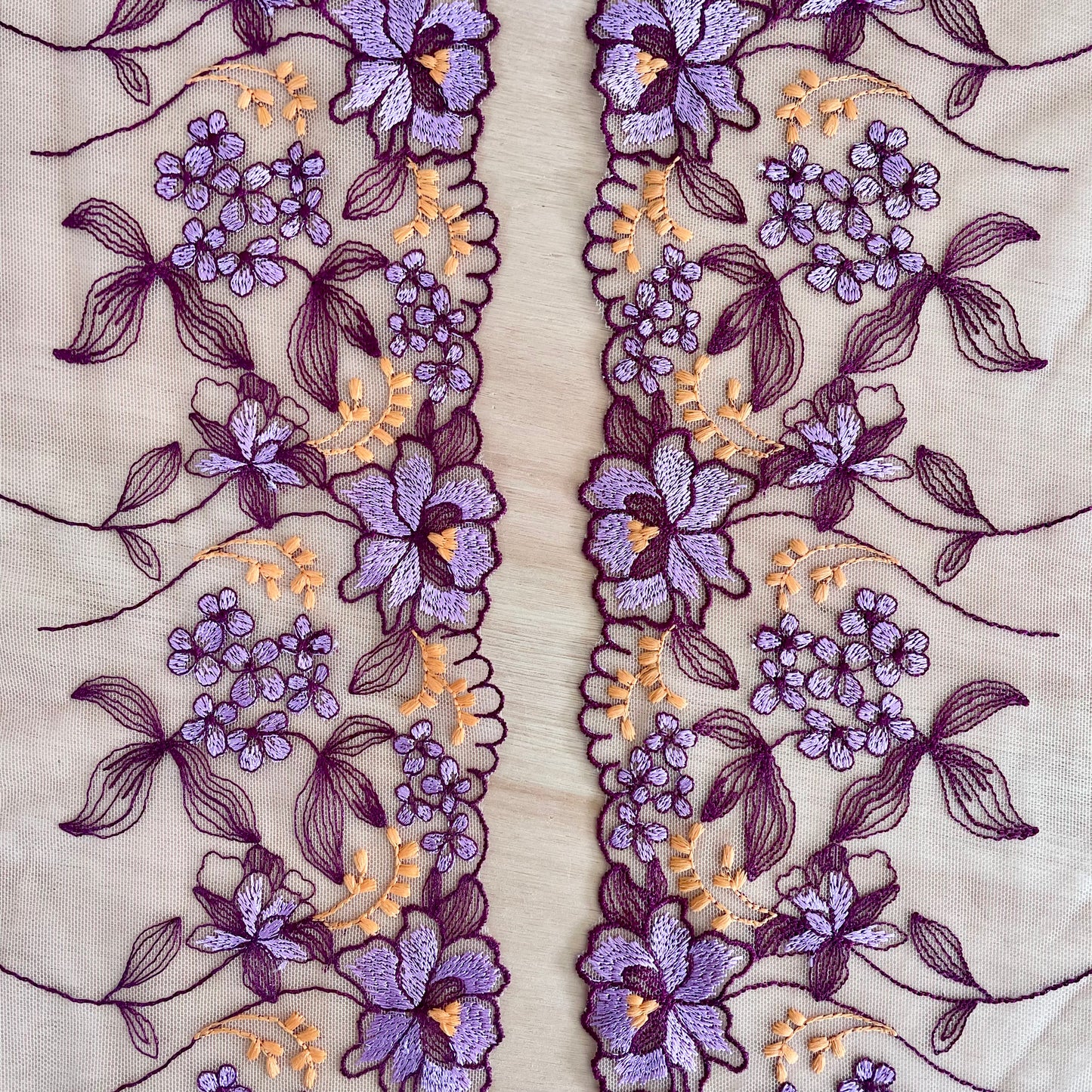 Embroidered Tulle | 18.5cm Wide | Purple Orange | Price per m (as a mirrored pair)