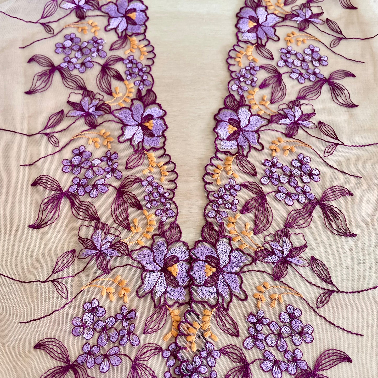 Embroidered Tulle | 18.5cm Wide | Purple Orange | Price per m (as a mirrored pair)