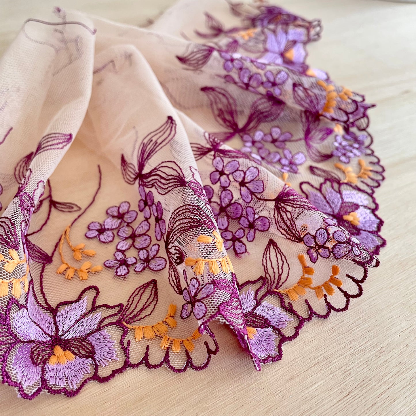 Embroidered Tulle | 18.5cm Wide | Purple Orange | Price per m (as a mirrored pair)