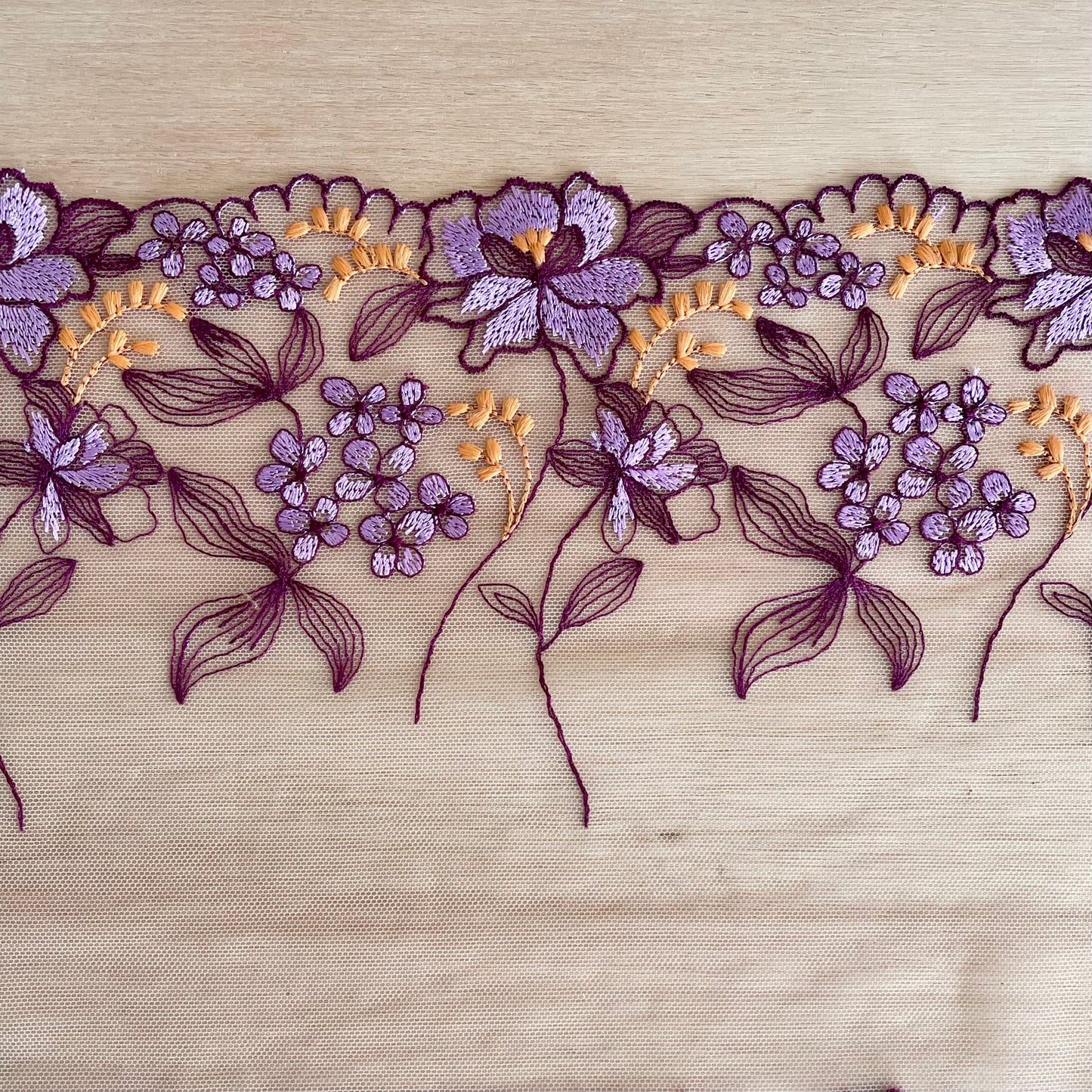 Embroidered Tulle | 18.5cm Wide | Purple Orange | Price per m (as a mirrored pair)