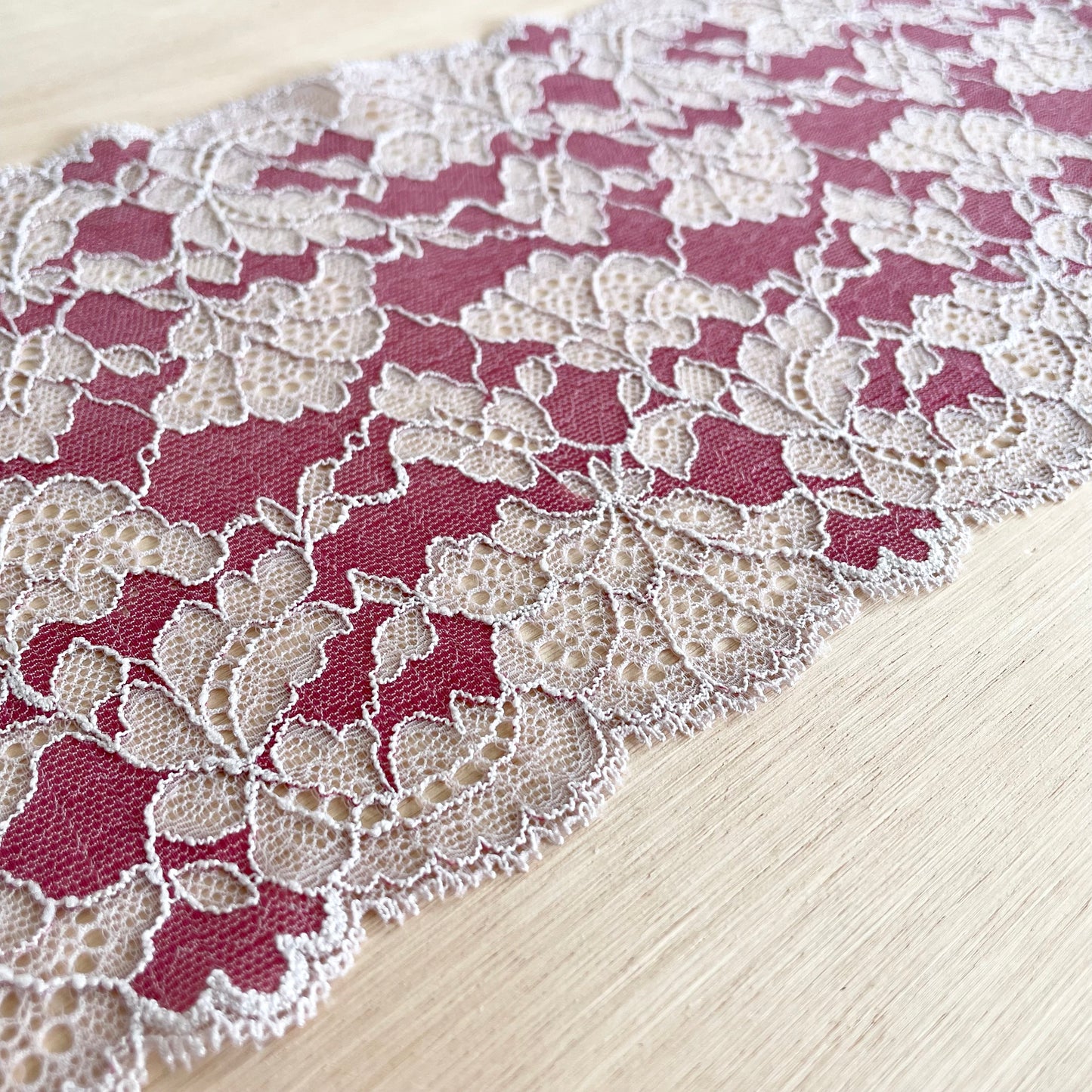 Two-tone Stretch Lace | 16cm Wide | Velvet Rose / Beige | Price per metre
