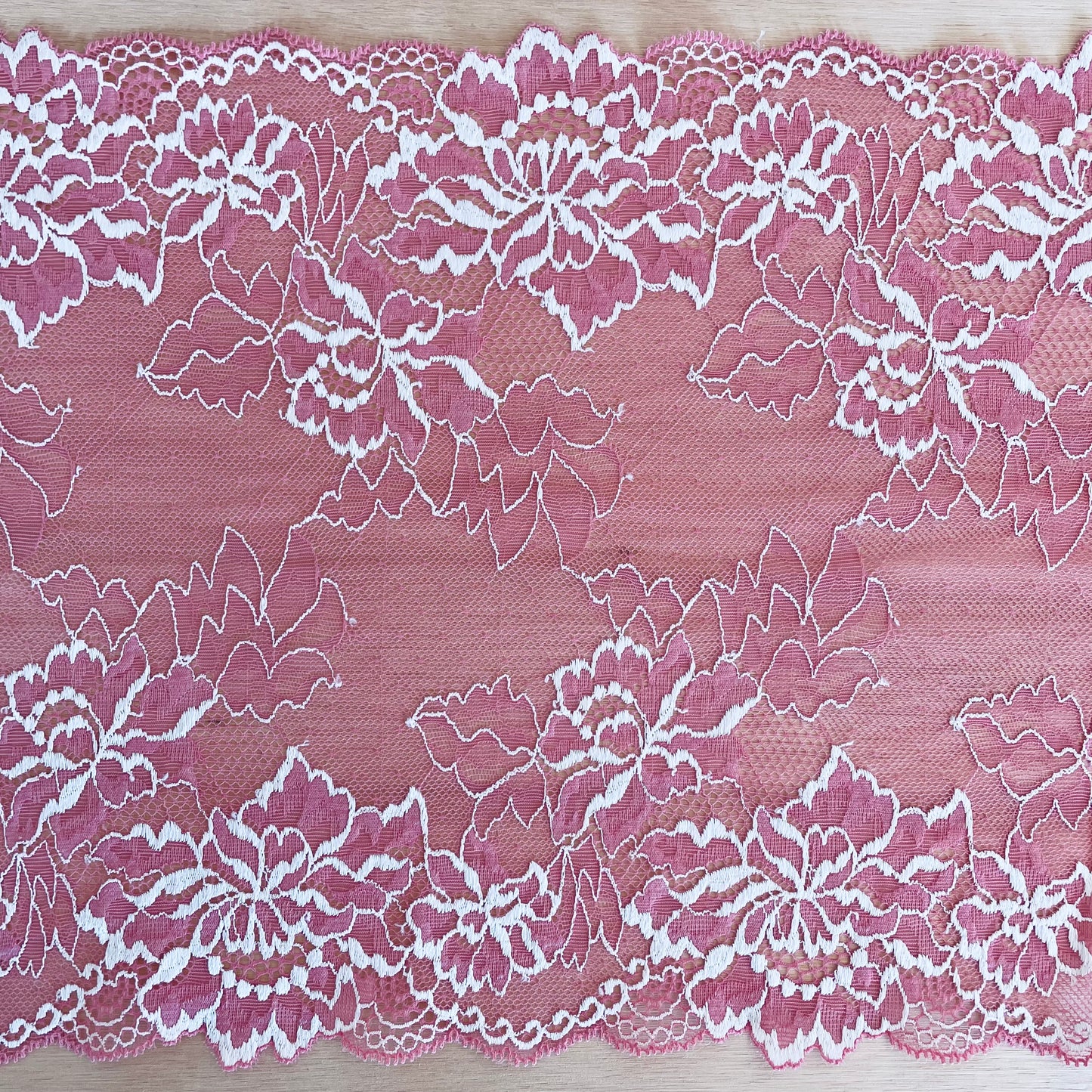 Flamingo Pink + Ivory Stretch Lace Galloon | 23.5cm Wide | Price per metre