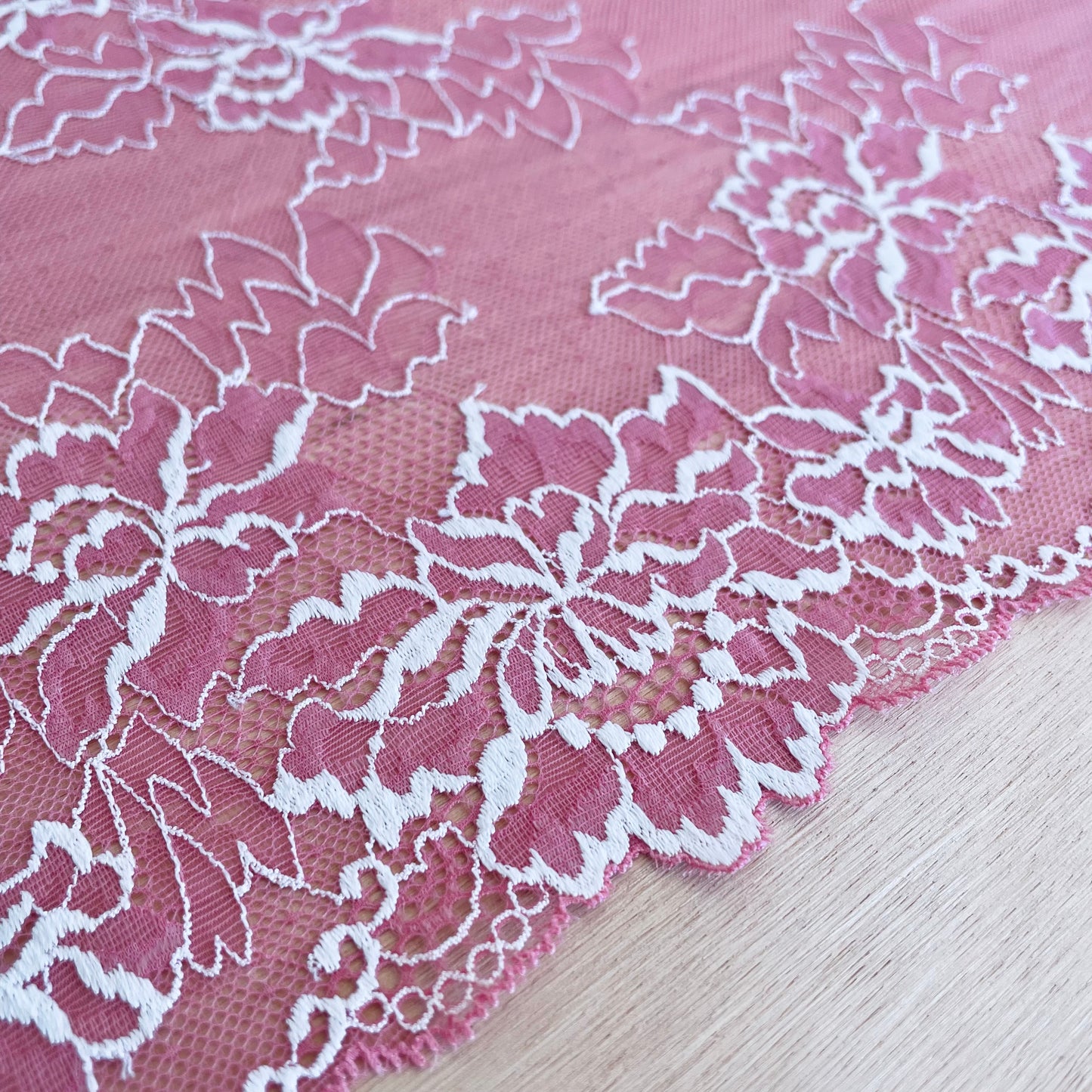 Flamingo Pink + Ivory Stretch Lace Galloon | 23.5cm Wide | Price per metre
