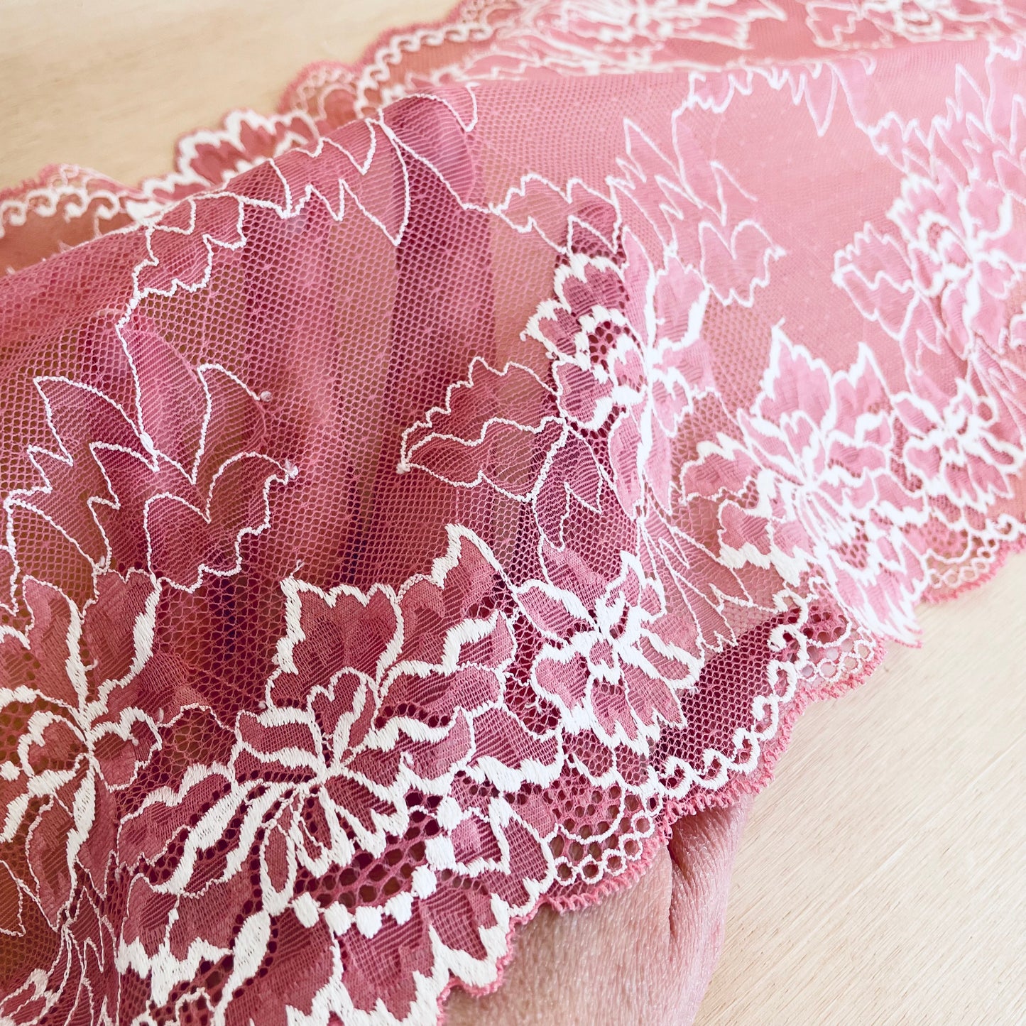 Flamingo Pink + Ivory Stretch Lace Galloon | 23.5cm Wide | Price per metre