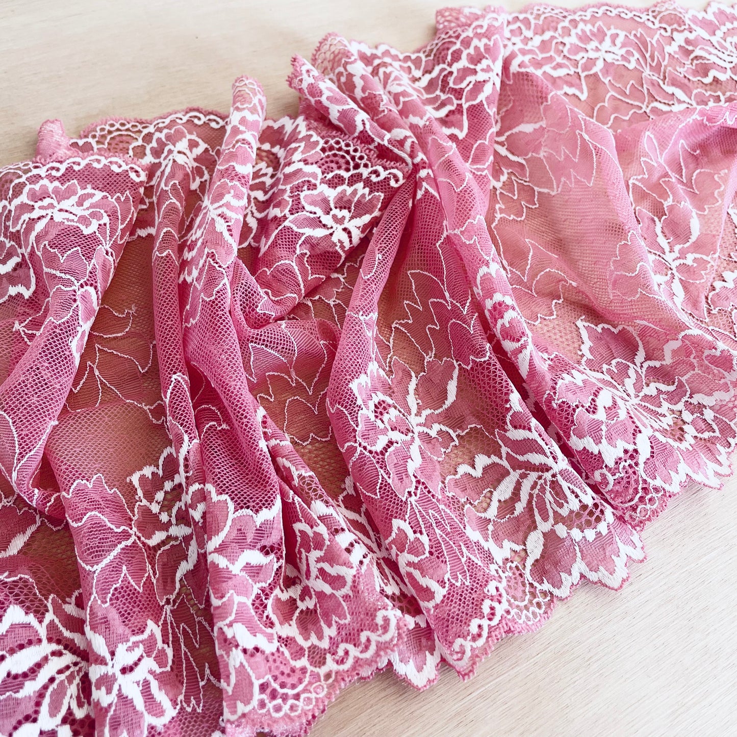 Flamingo Pink + Ivory Stretch Lace Galloon | 23.5cm Wide | Price per metre