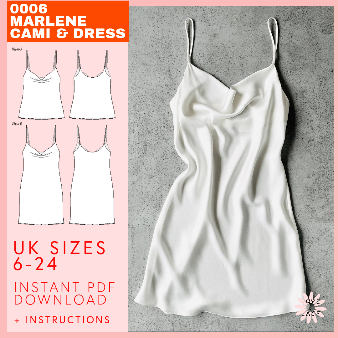 Cowl Neck Cami & Bias Cut Slip Dress Sewing Pattern | UK sizes 6-24 | Marlene
