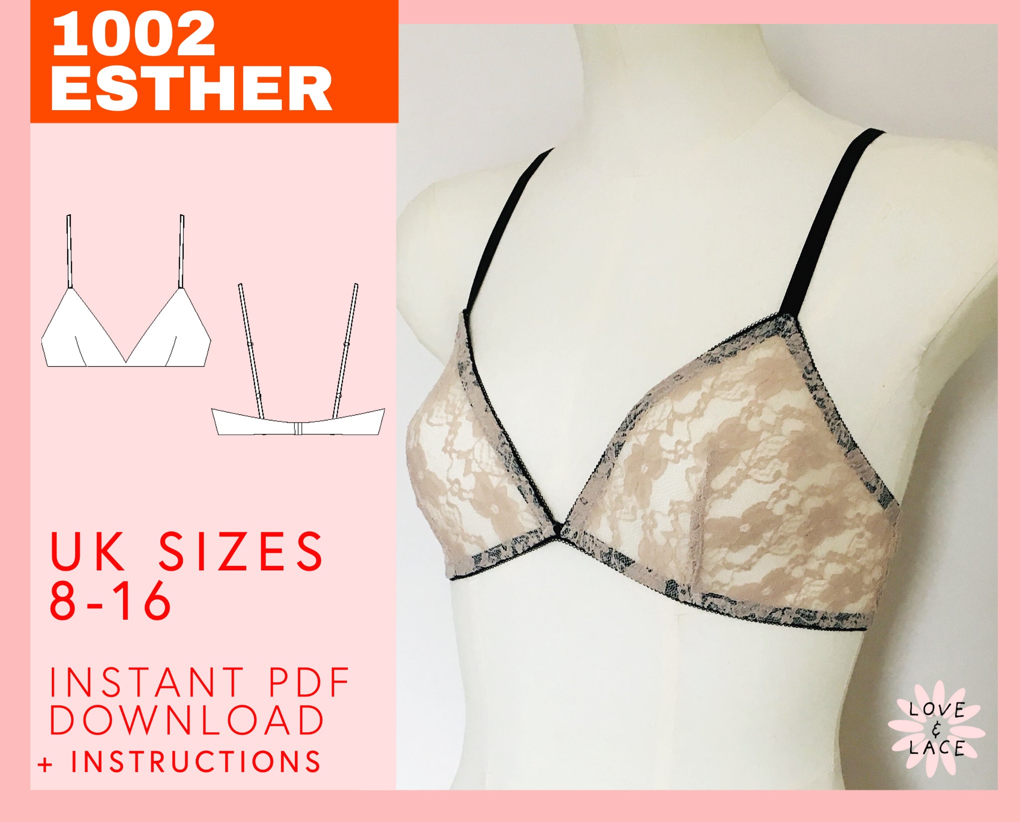 Bralette Pattern, PDF Sewing Pattern sizes 8-16