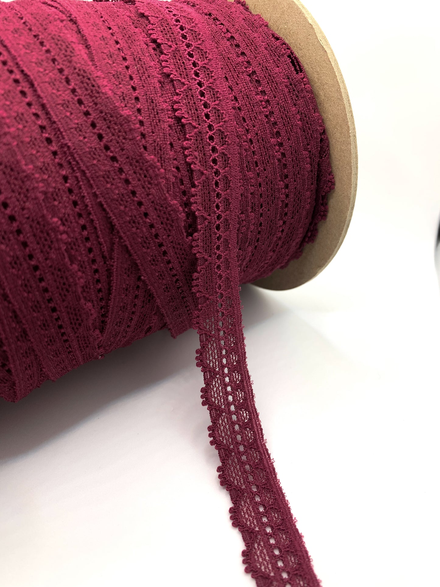 Narrow Stretch Lace Trim | 1.5cm Wide | Sangria | Price per metre