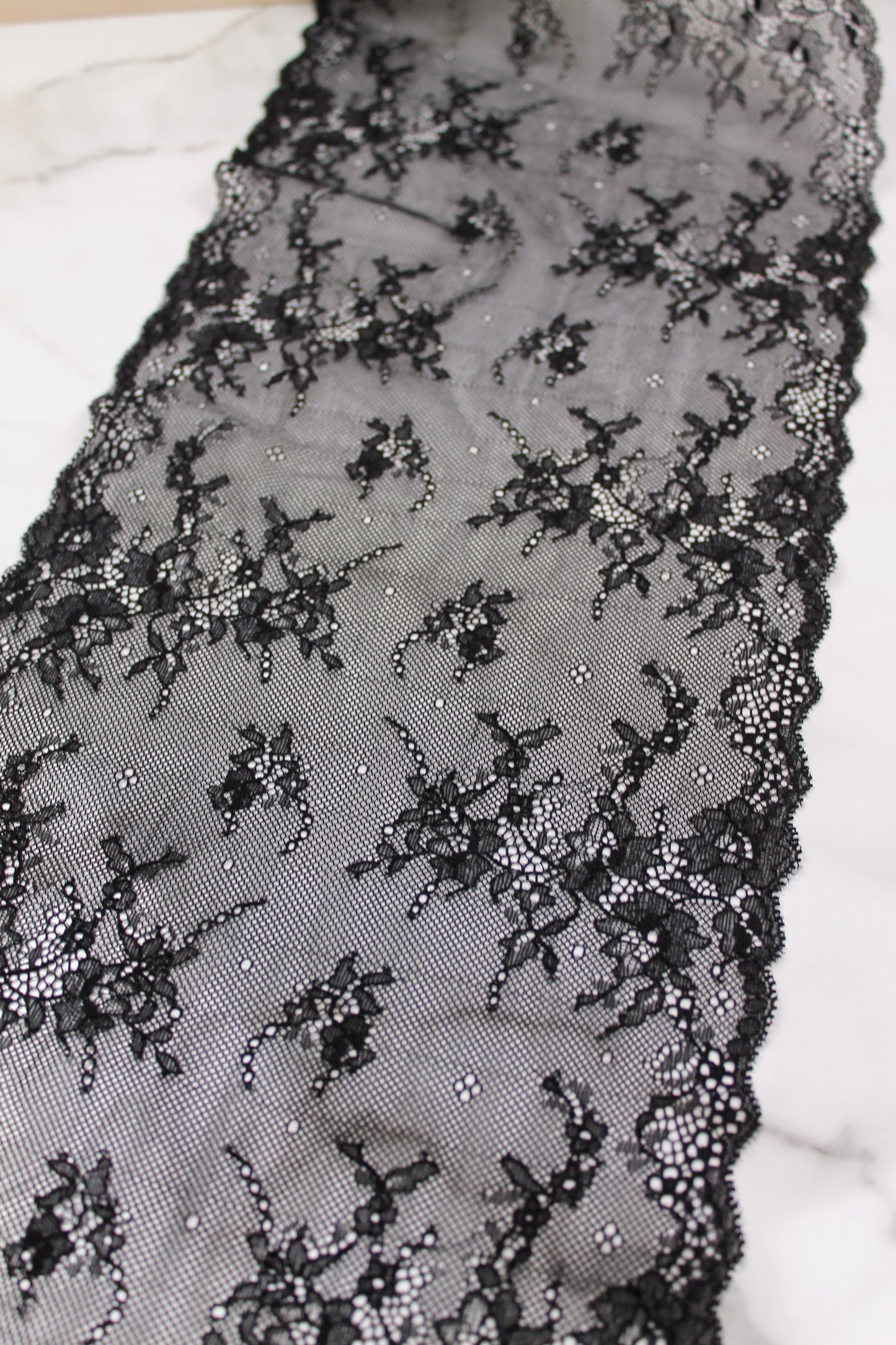 Stretch Lace Galloon | 23cm Wide | Black | Price per metre