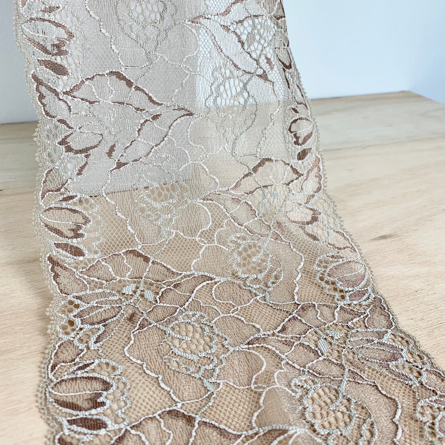 Viscose Stretch Lace Galloon | 17cm Wide | Hazel | Price per metre