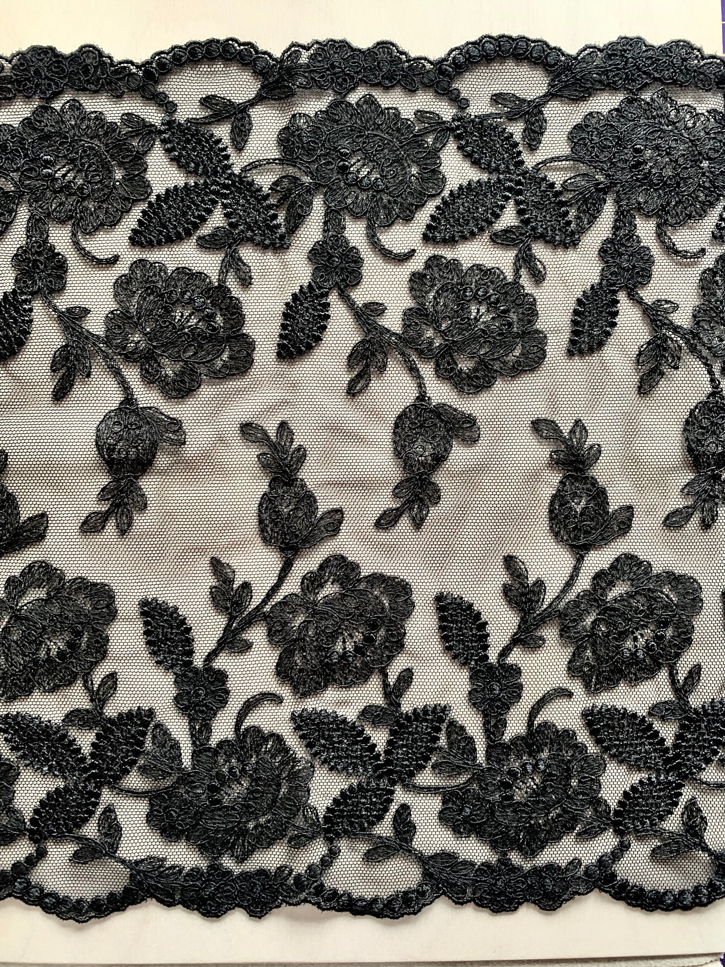 Embroidered Stretch Tulle | Black Lace Embroidery Galloon for Bra Making | Price per half metre