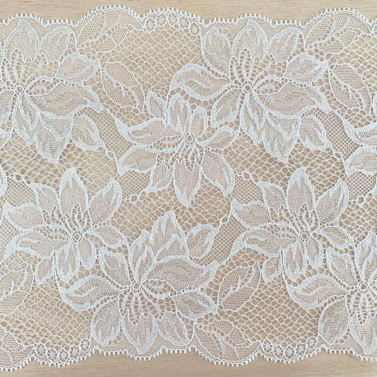 Floral Stretch Lace Galloon | 18cm Wide | White | Price per metre