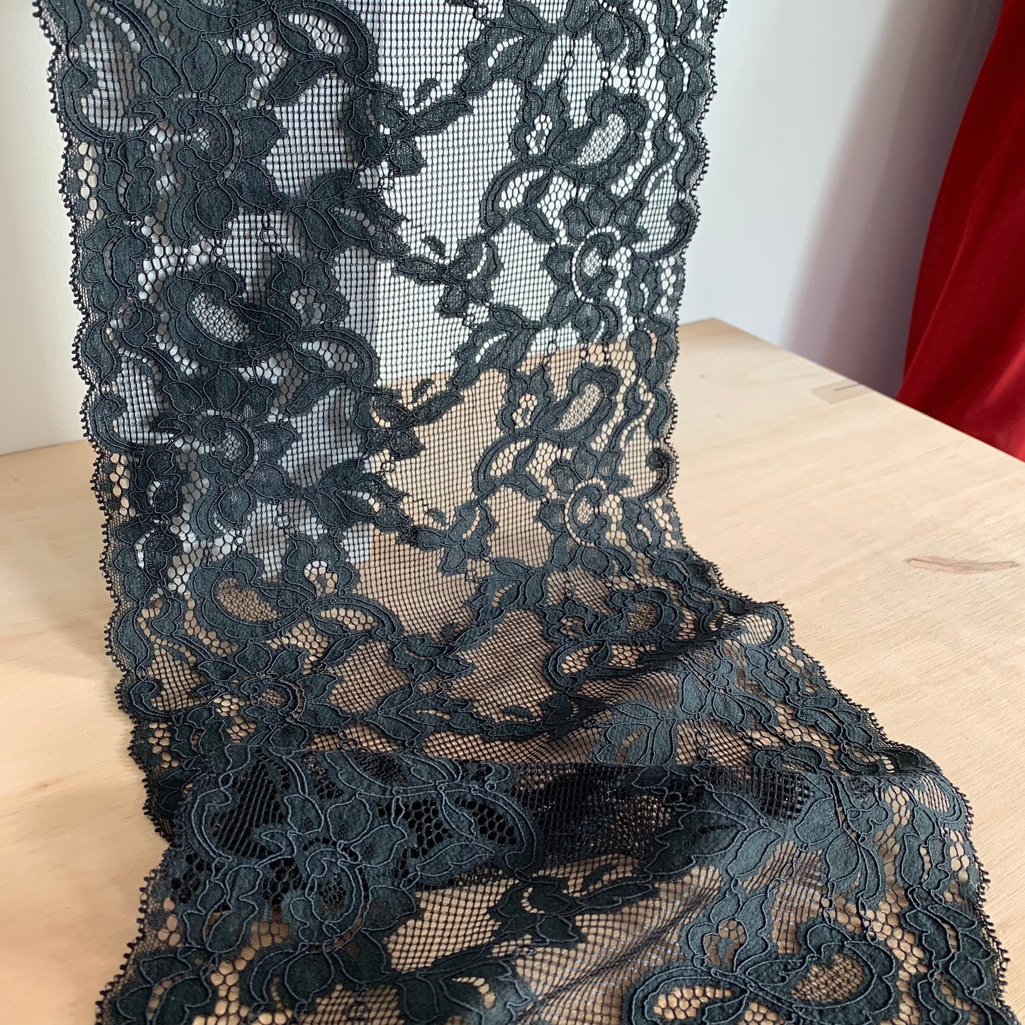 Cotton Stretch Lace Galloon | 23cm Wide | Black | Price per metre