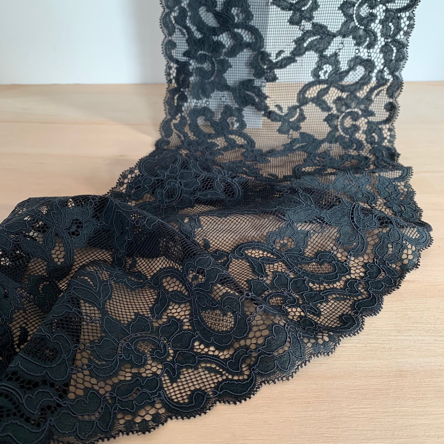 Cotton Stretch Lace Galloon | 23cm Wide | Black | Price per metre