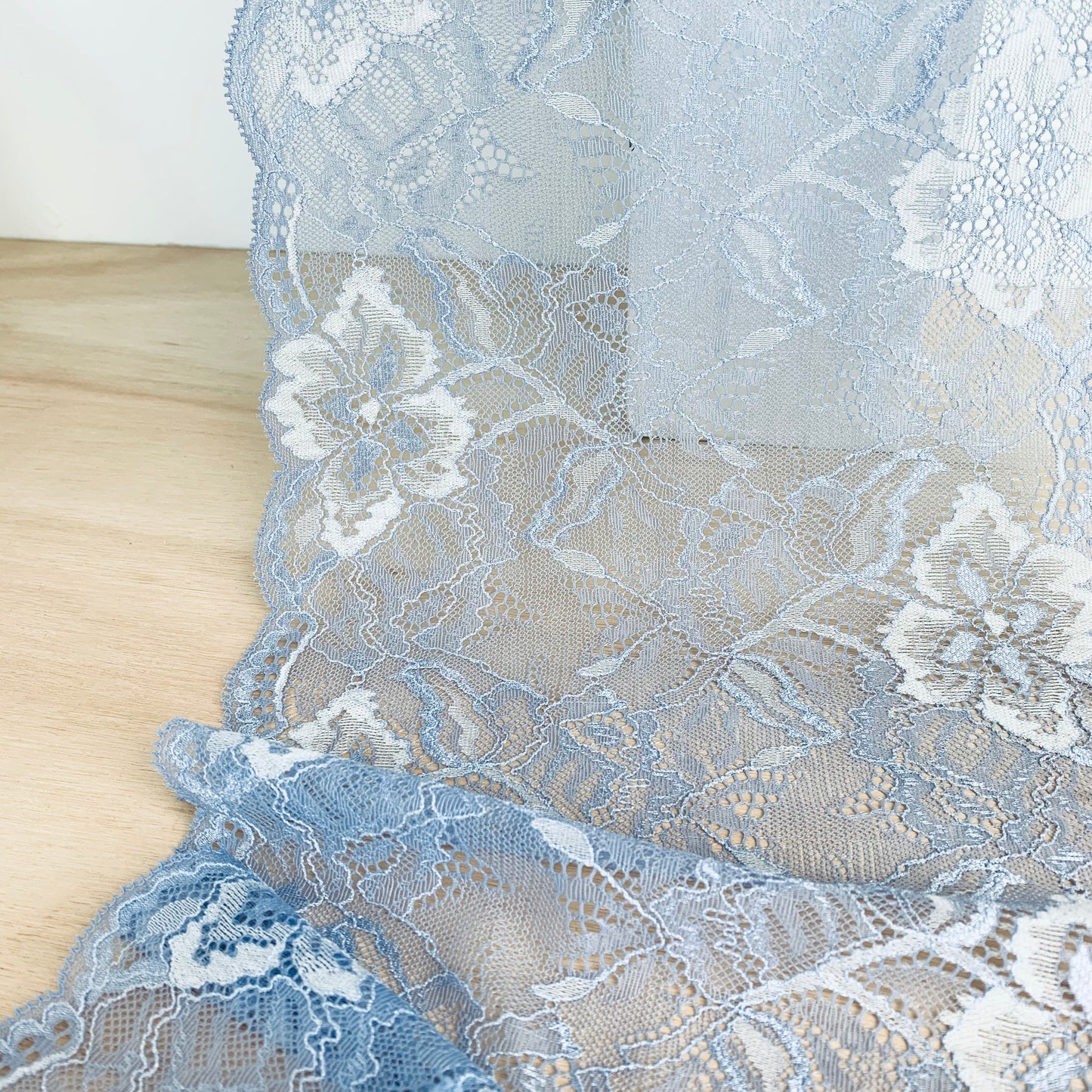 Cotton Stretch Lace Galloon | 23cm Wide | Sky Blue | Price per metre