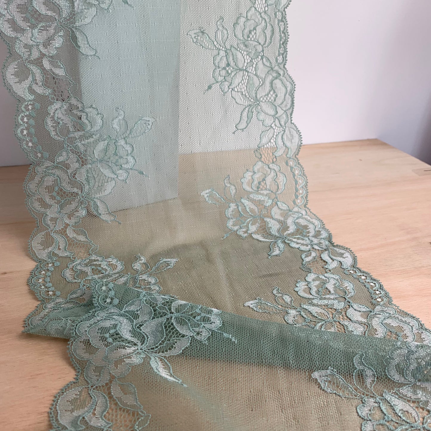Cotton Stretch Lace Galloon | 24cm Wide | Sage | Price per metre