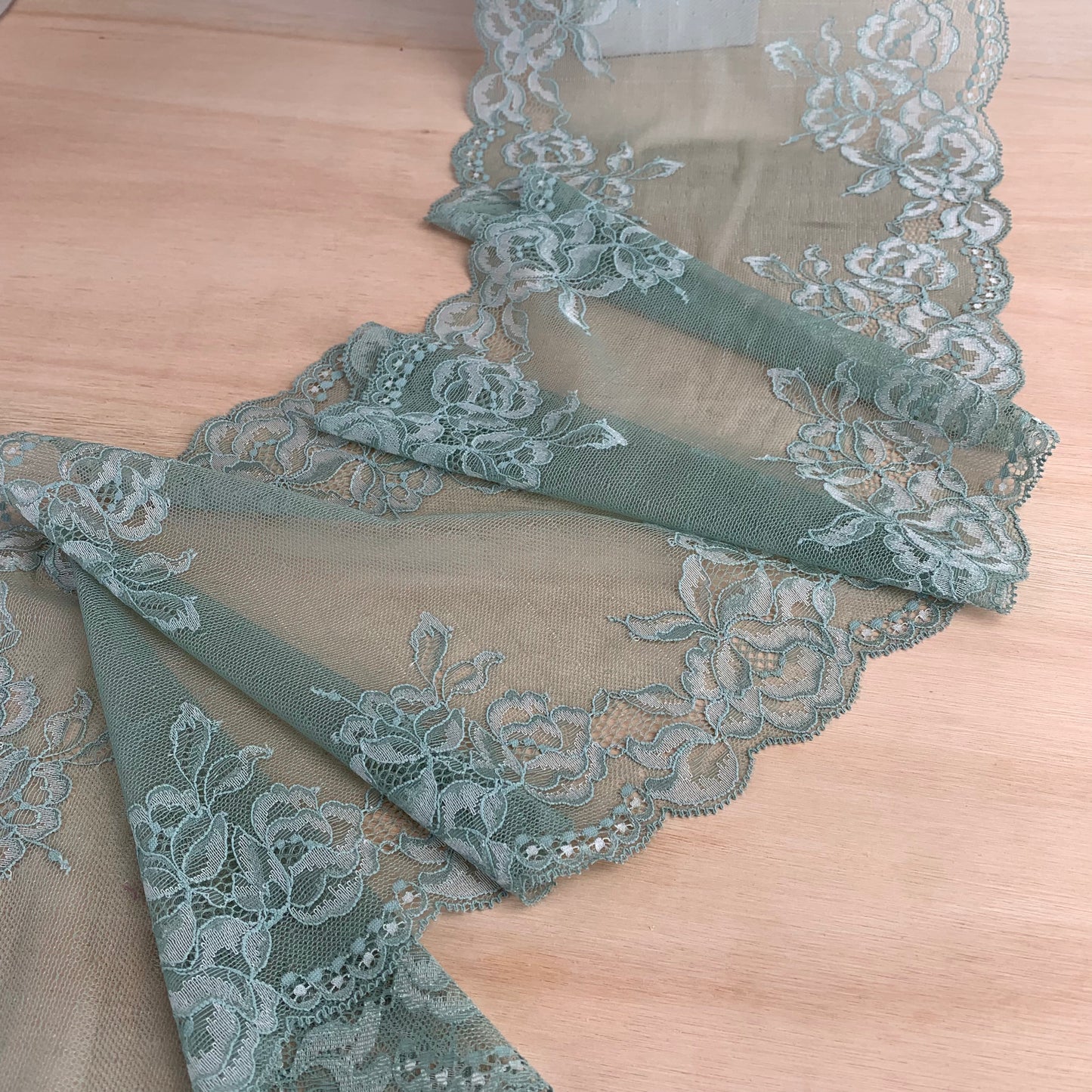 Cotton Stretch Lace Galloon | 24cm Wide | Sage | Price per metre