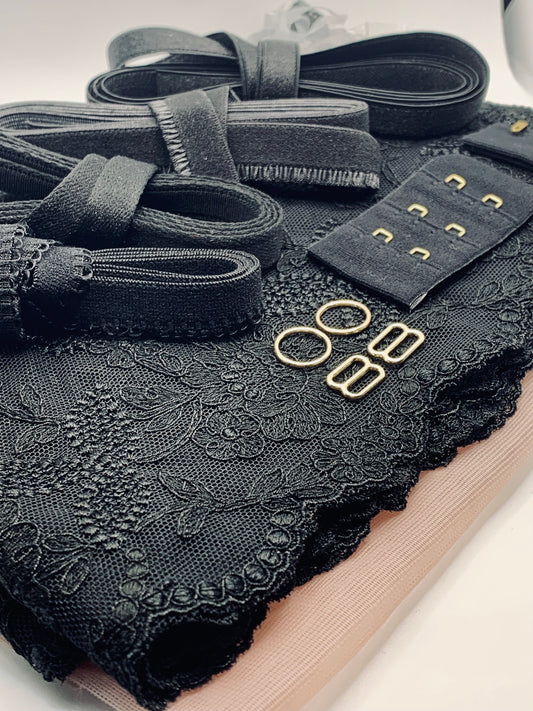 DIY bra kit with black embroidered tulle, hook & eye, rings & sliders & plush elastics