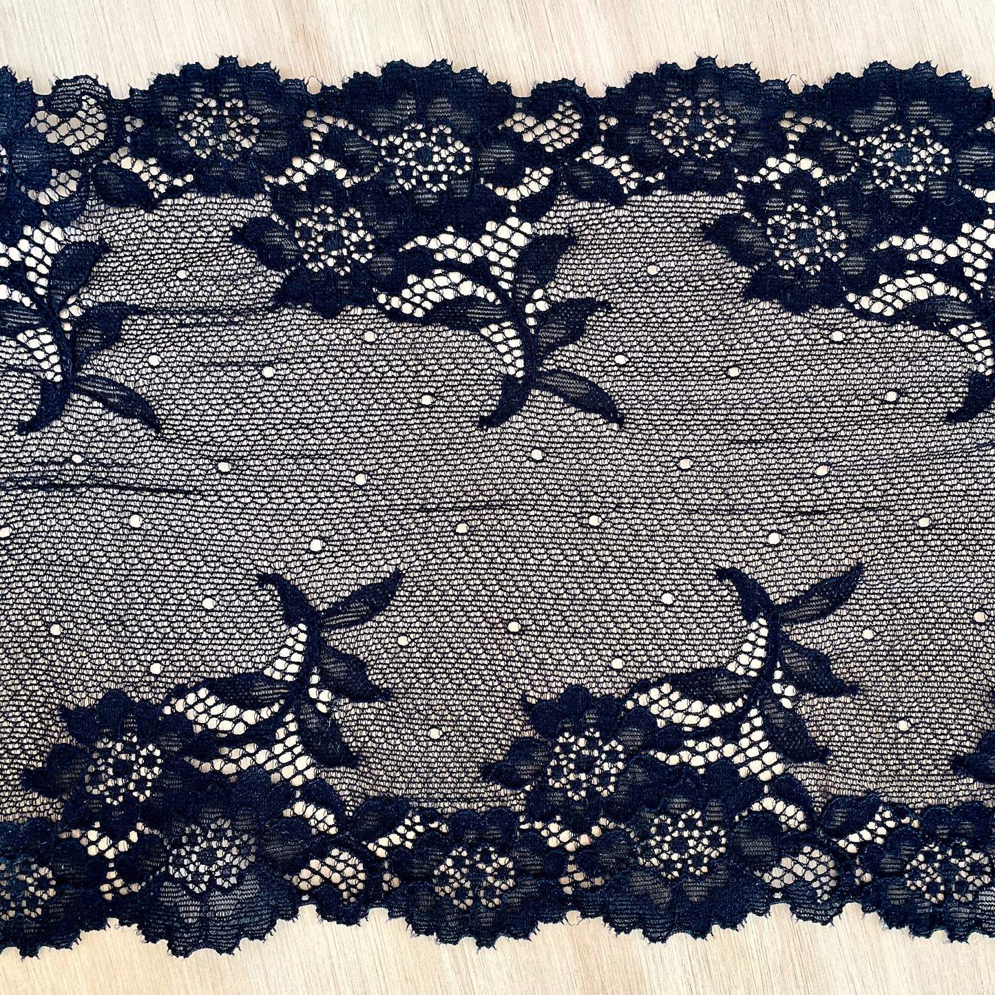 Premium Stretch Lace, 17cm Wide | Pink Quartz, Moon Blue, Black | Price per metre