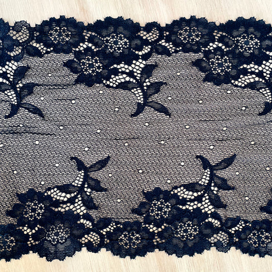 Premium Stretch Lace, 17cm Wide | Pink Quartz, Moon Blue, Black | Price per metre