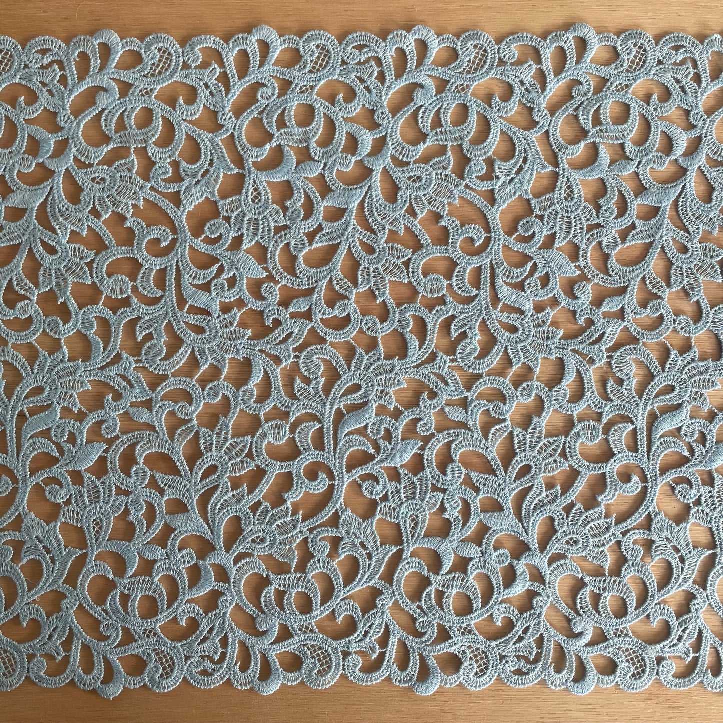 Celeste Guipure Embroidery – Ivory & Pale Sky Blue, 23.5cm Wide | Price per metre