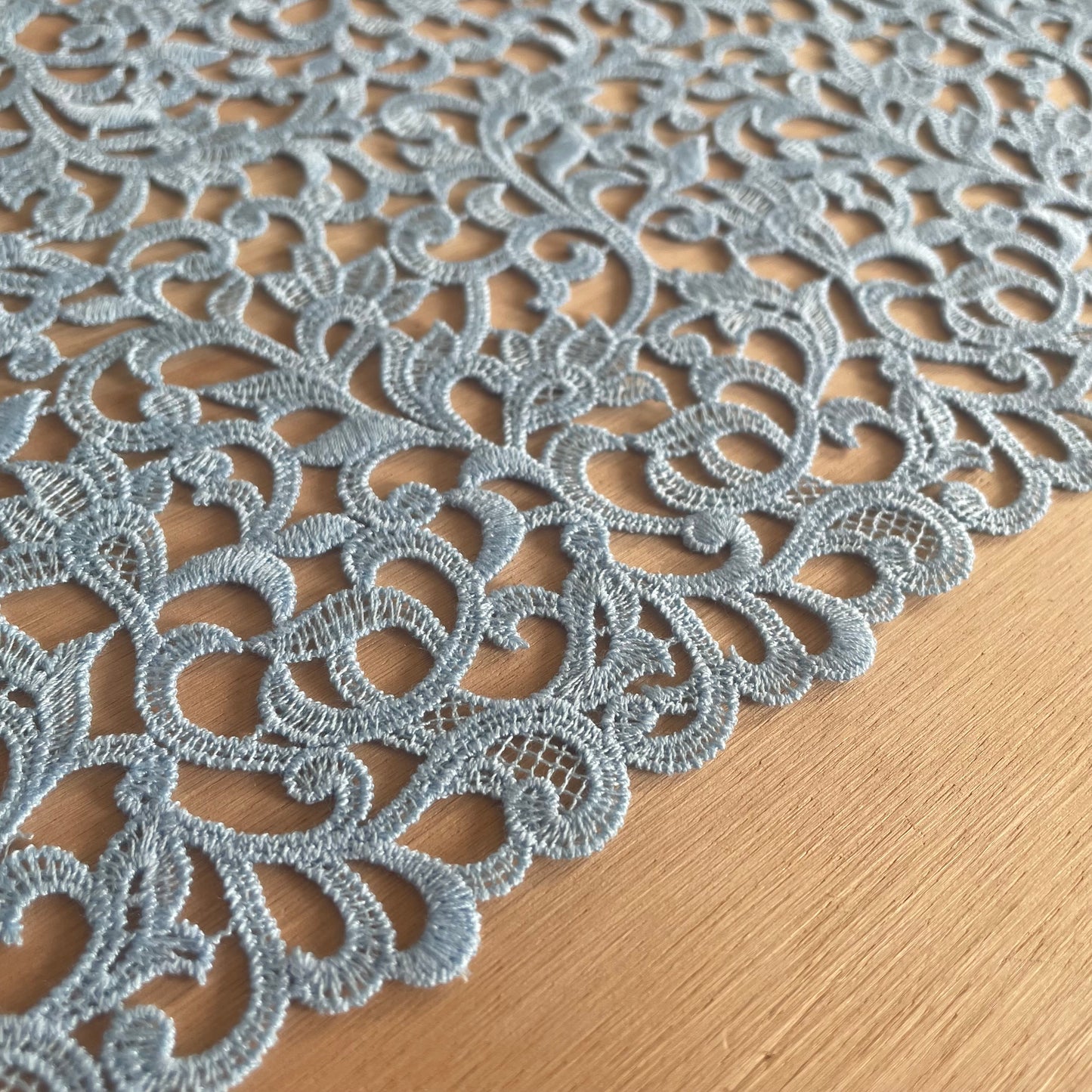 Celeste Guipure Embroidery – Ivory & Pale Sky Blue, 23.5cm Wide | Price per metre