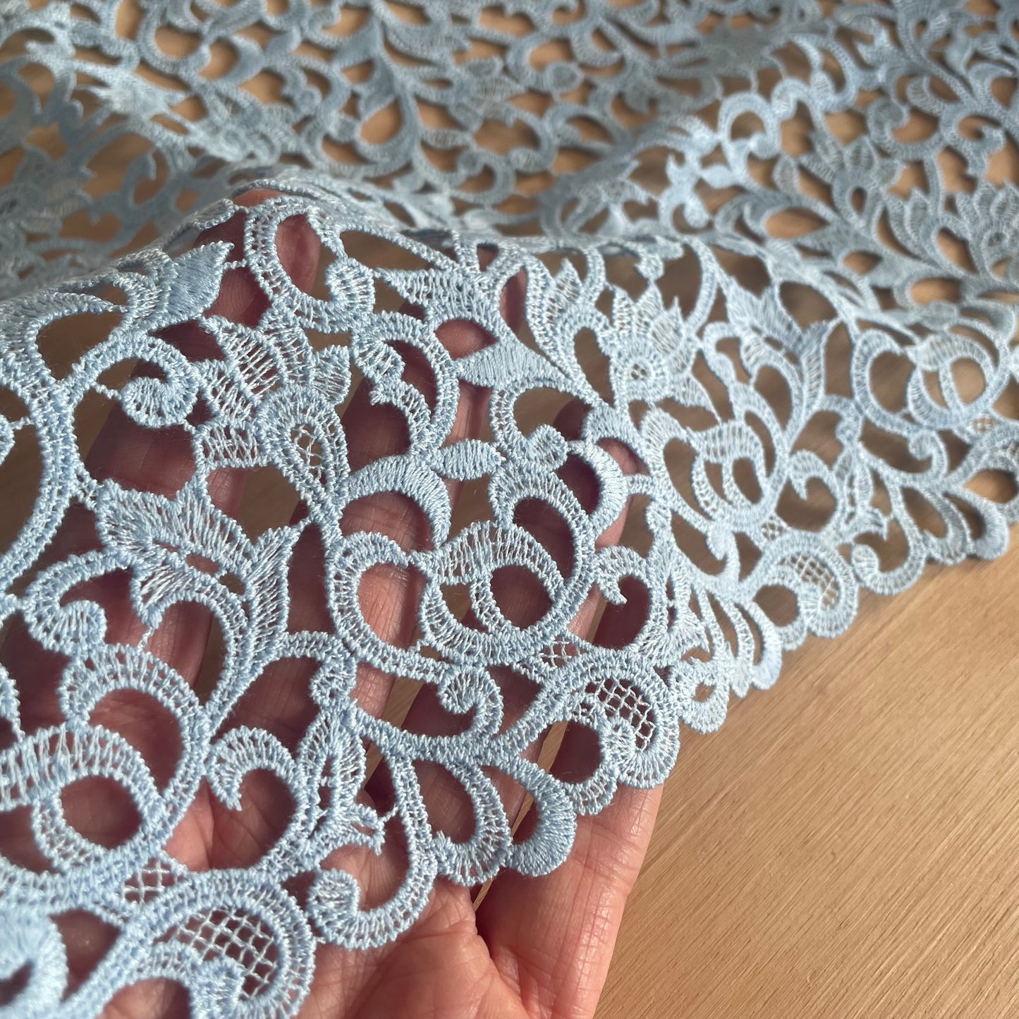 Celeste Guipure Embroidery – Ivory & Pale Sky Blue, 23.5cm Wide | Price per metre