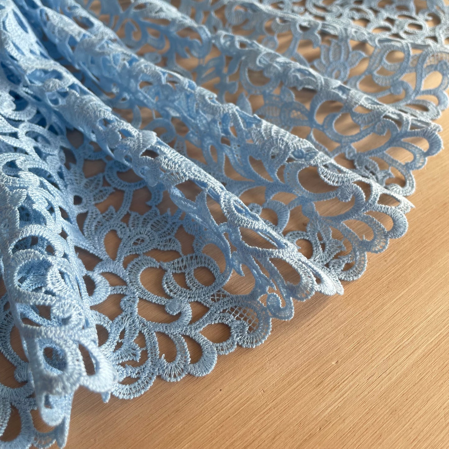 Celeste Guipure Embroidery – Ivory & Pale Sky Blue, 23.5cm Wide | Price per metre