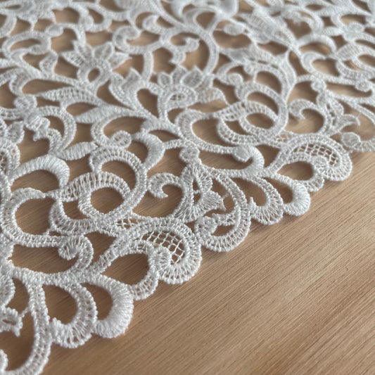 Celeste Guipure Embroidery – Ivory & Pale Sky Blue, 23.5cm Wide | Price per metre