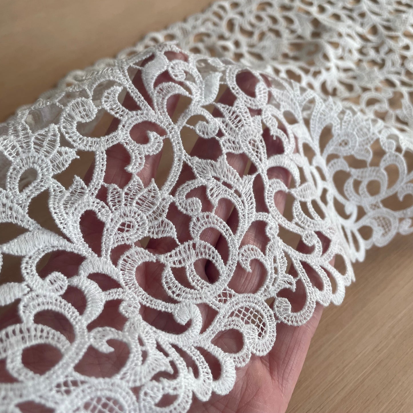 Celeste Guipure Embroidery – Ivory & Pale Sky Blue, 23.5cm Wide | Price per metre