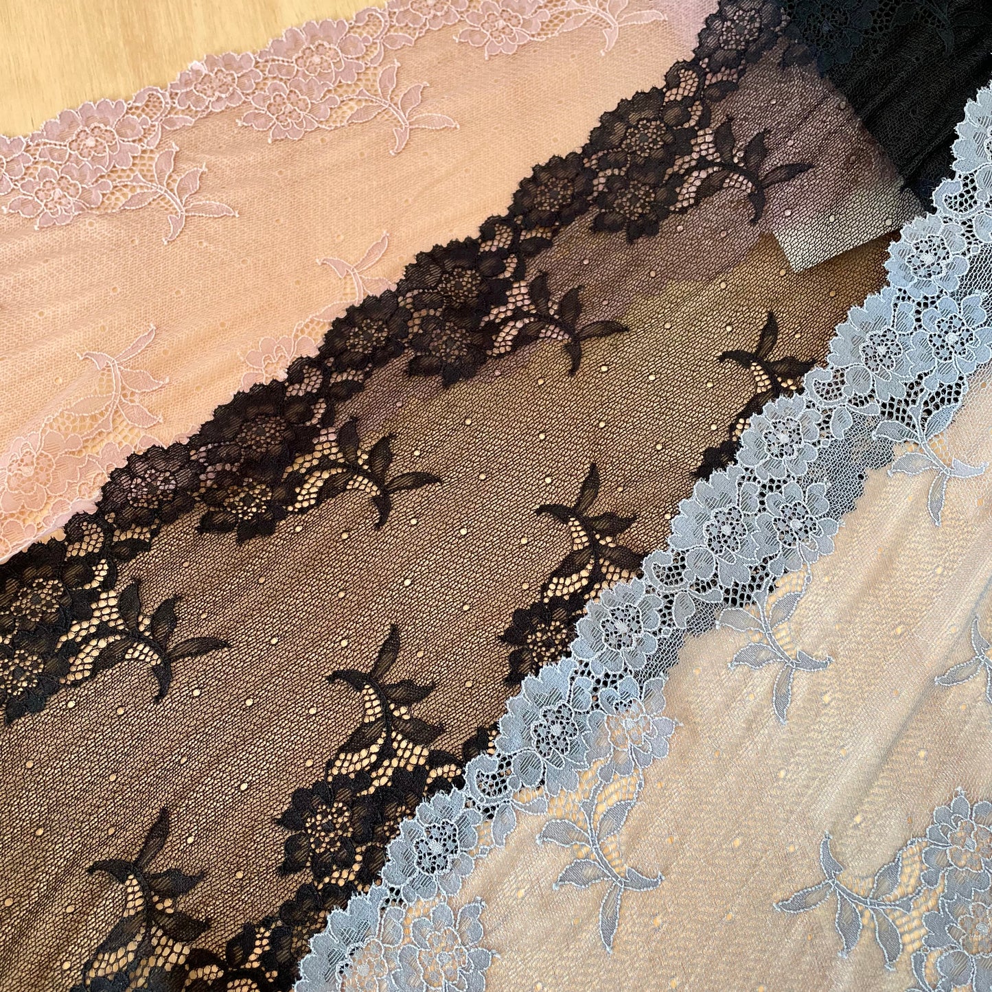 Premium Stretch Lace, 17cm Wide | Pink Quartz, Moon Blue, Black | Price per metre