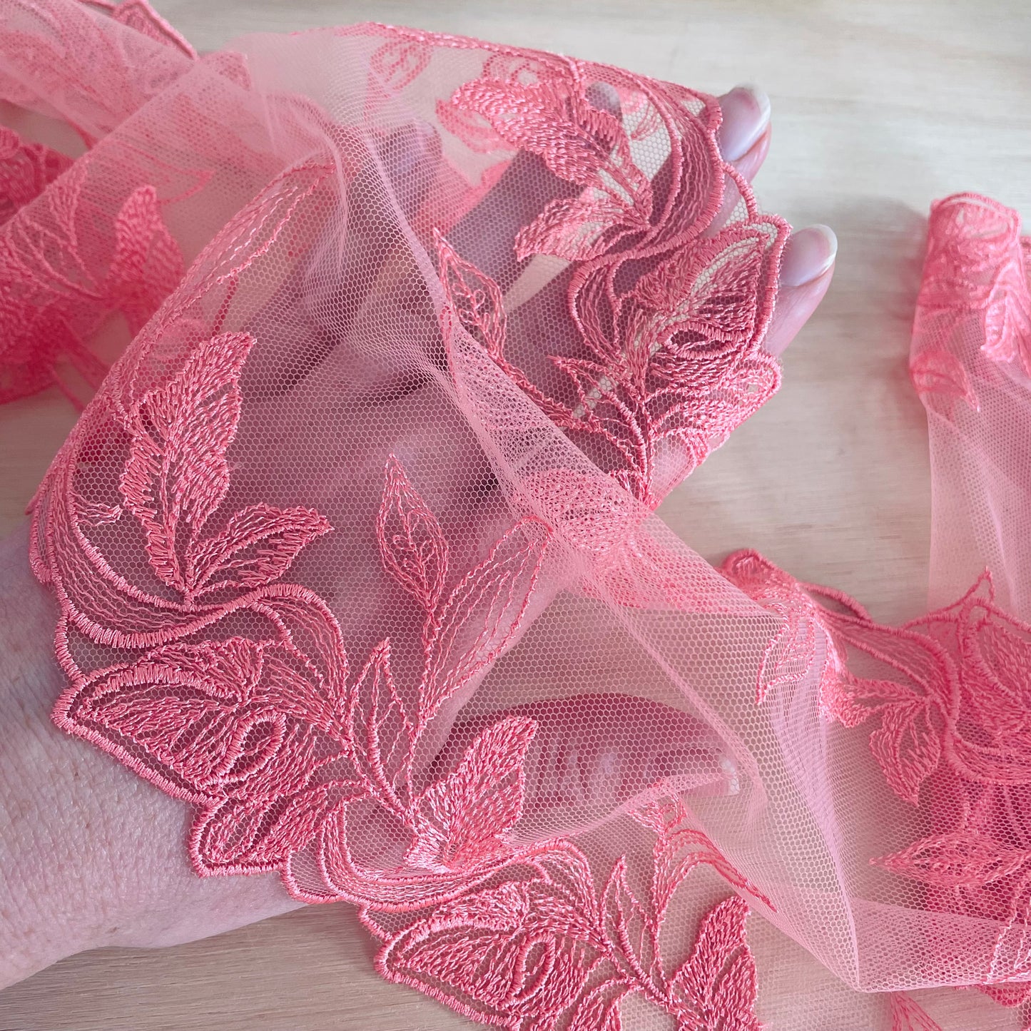 Soft Coral Foliage Embroidered Tulle Double Galloon | 17cm Wide | Price per metre