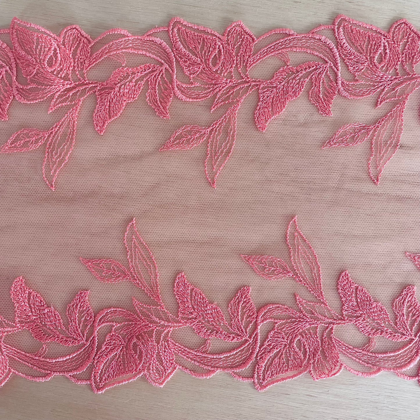 Soft Coral Foliage Embroidered Tulle Double Galloon | 17cm Wide | Price per metre