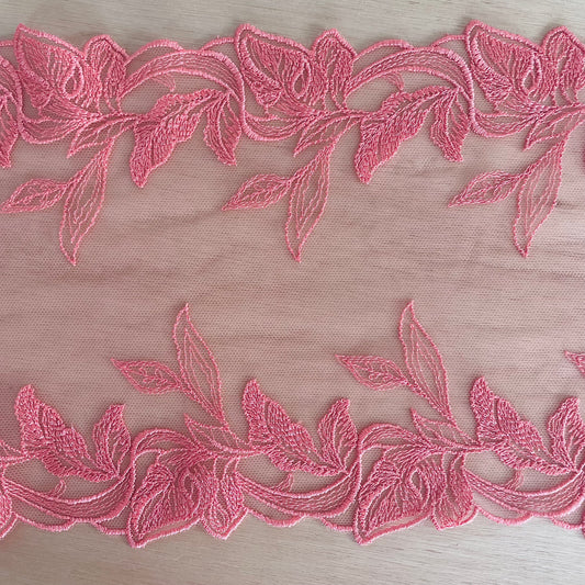 Soft Coral Foliage Embroidered Tulle Double Galloon | 17cm Wide | Price per metre