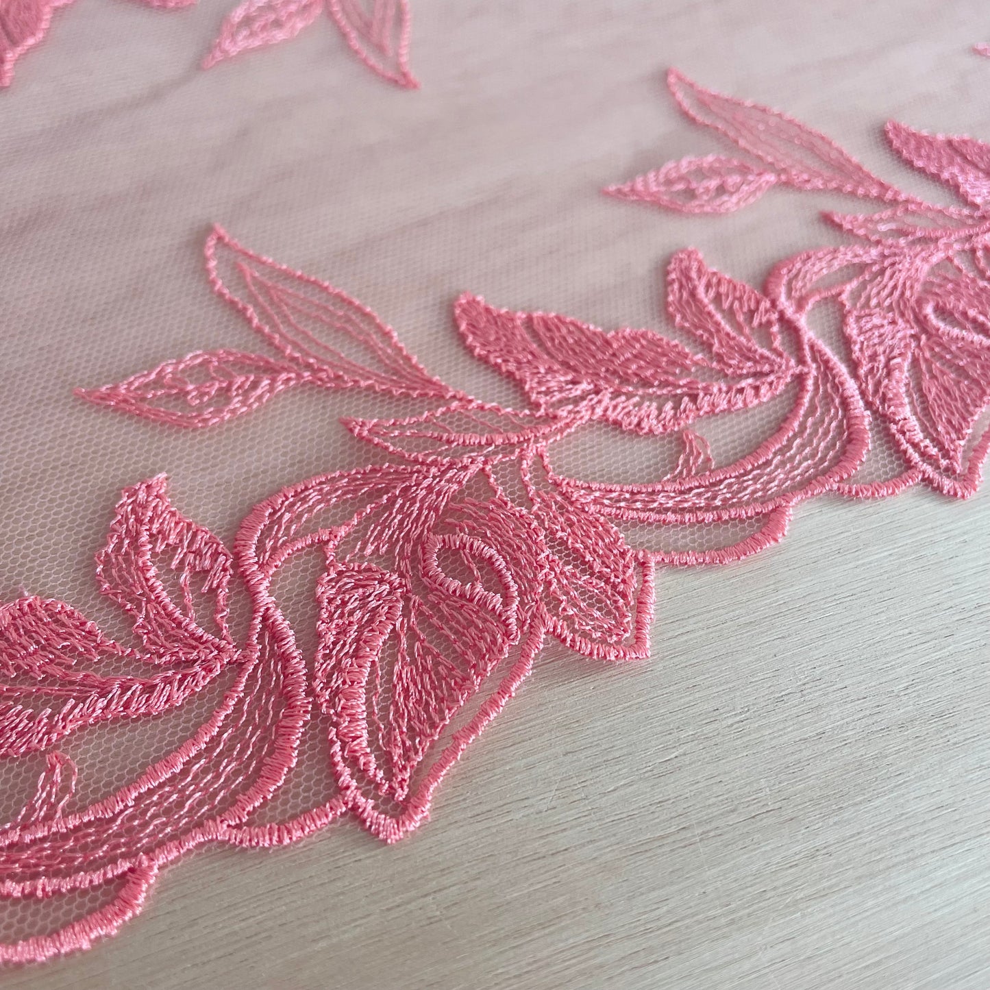 Soft Coral Foliage Embroidered Tulle Double Galloon | 17cm Wide | Price per metre