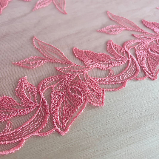 Soft Coral Foliage Embroidered Tulle Double Galloon | 17cm Wide | Price per metre