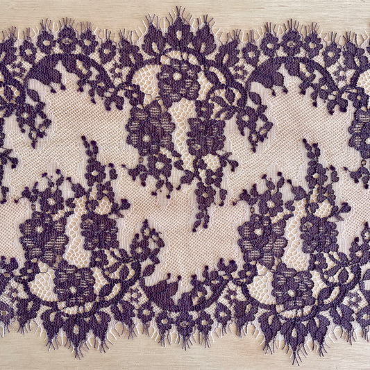 Aubergine & Beige Embroidered Lace Trim | 19cm Wide | Price per metre